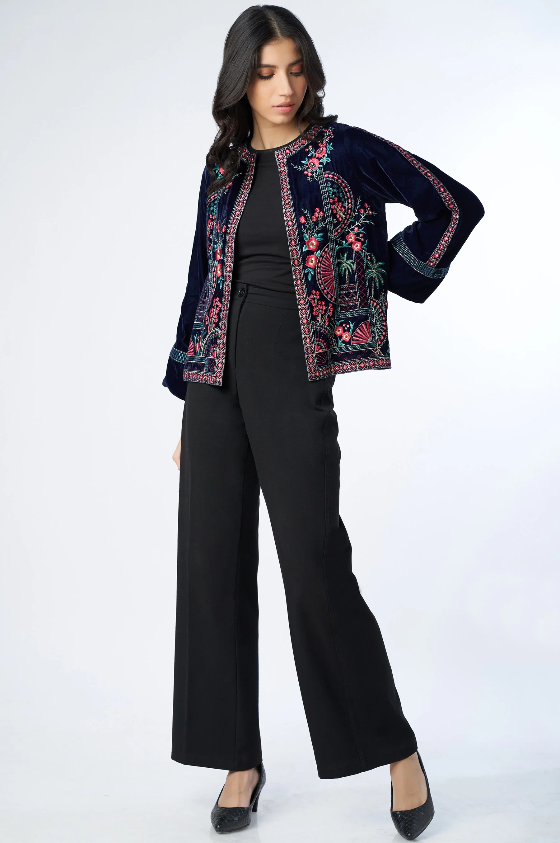 Stitched 1 Piece Embroidered Velvet Jacket - Image 4