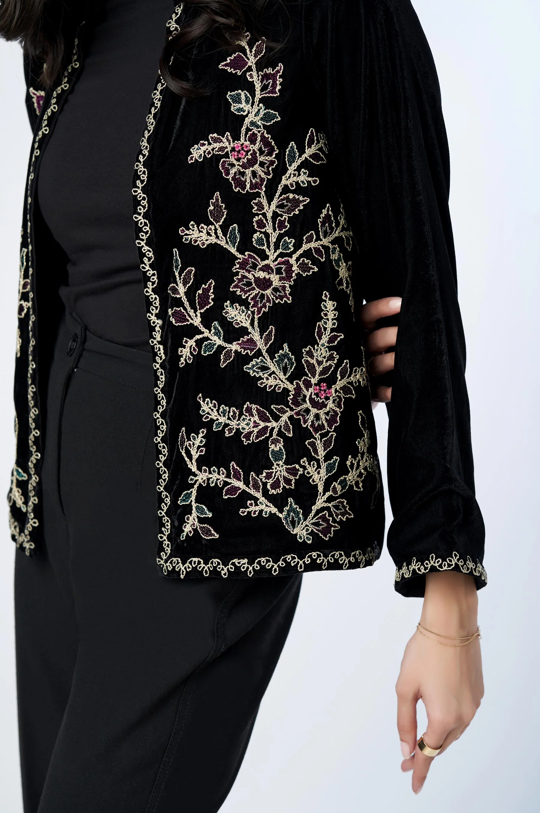 Stitched 1 Piece Embroidered Velvet Jacket - Image 3