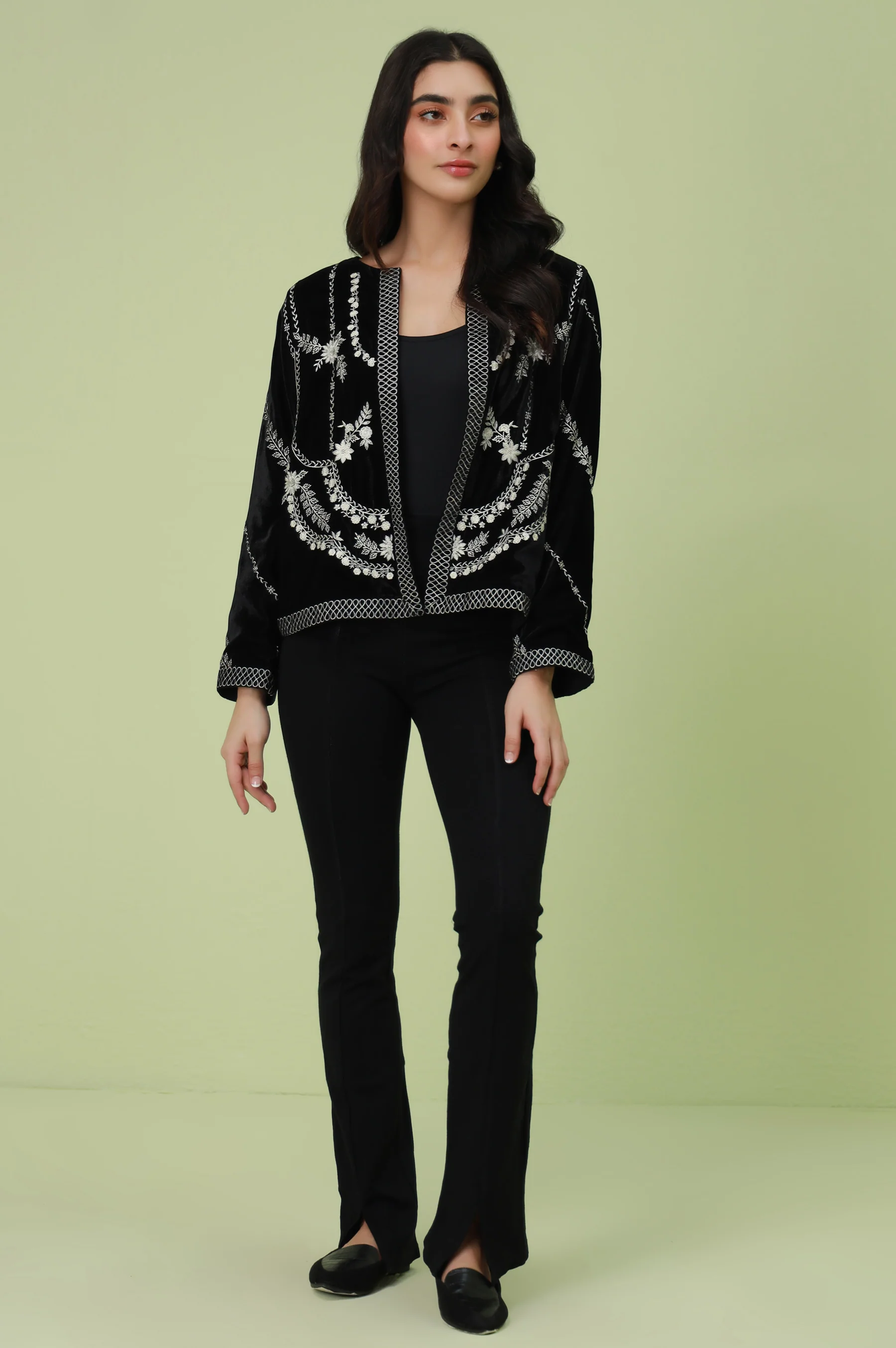 Stitched 1 Piece Embroidered Velvet Jacket - Black - Image 2