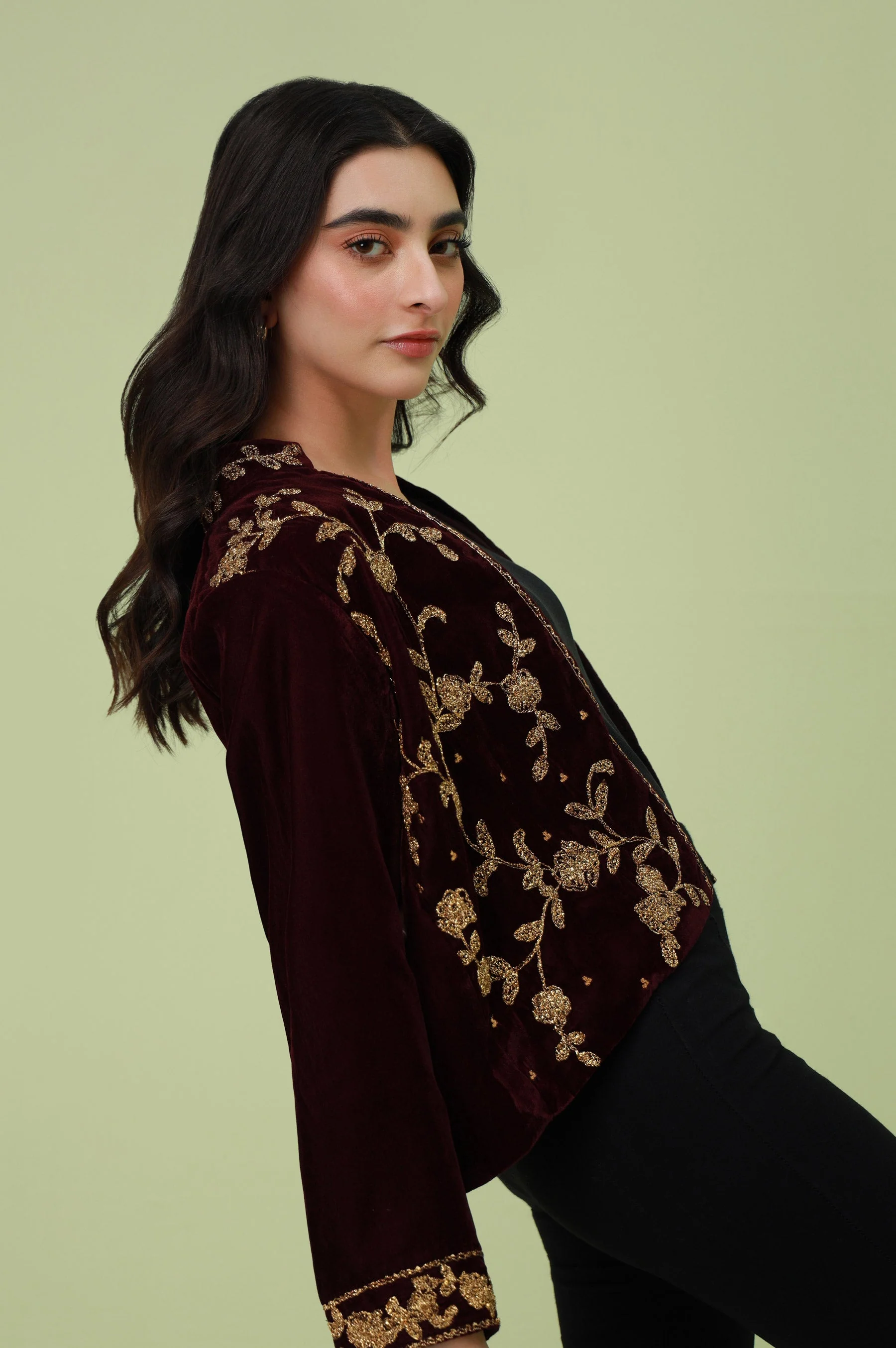 Stitched 1 Piece Embroidered Velvet Jacket - Maroon (FACTORY E-OUTLET) - Image 5