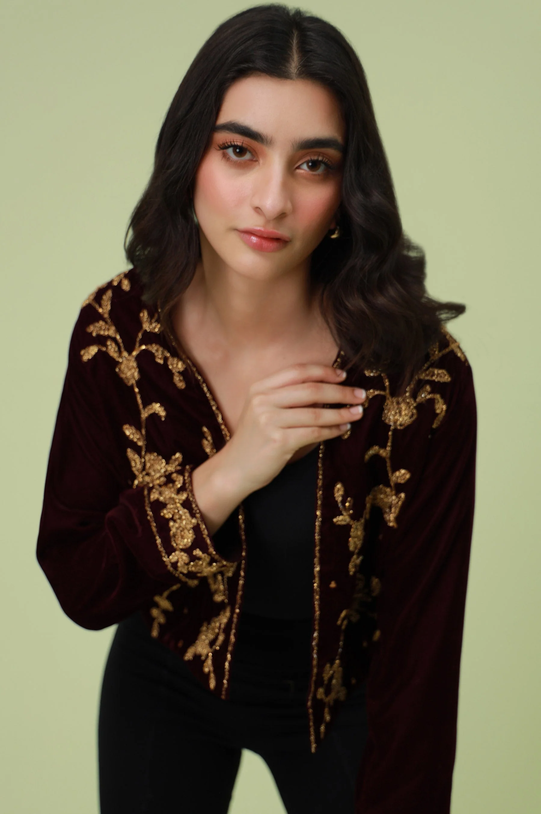 Stitched 1 Piece Embroidered Velvet Jacket - Maroon (FACTORY E-OUTLET) - Image 6