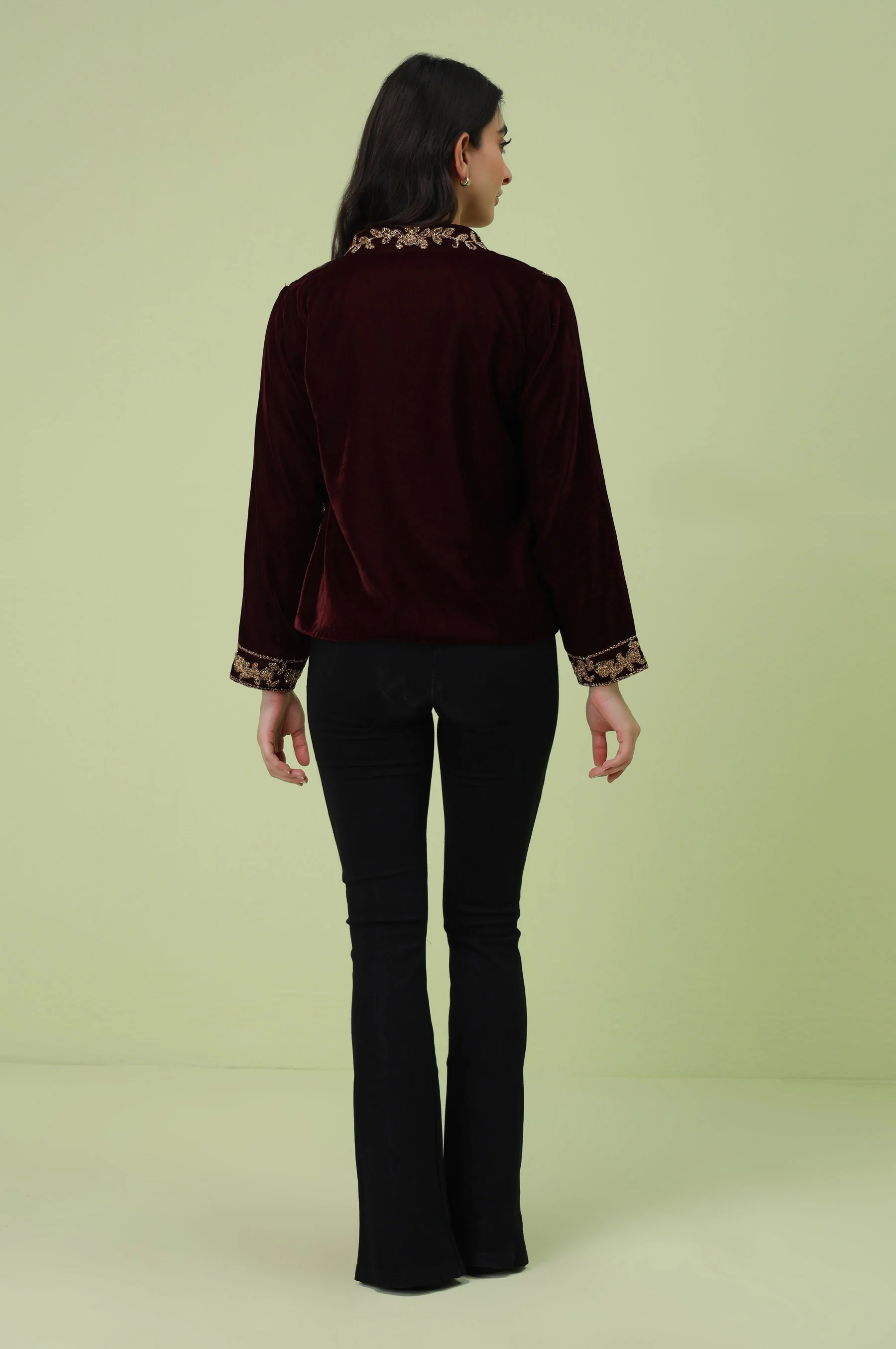 Stitched 1 Piece Embroidered Velvet Jacket - Maroon - Image 3