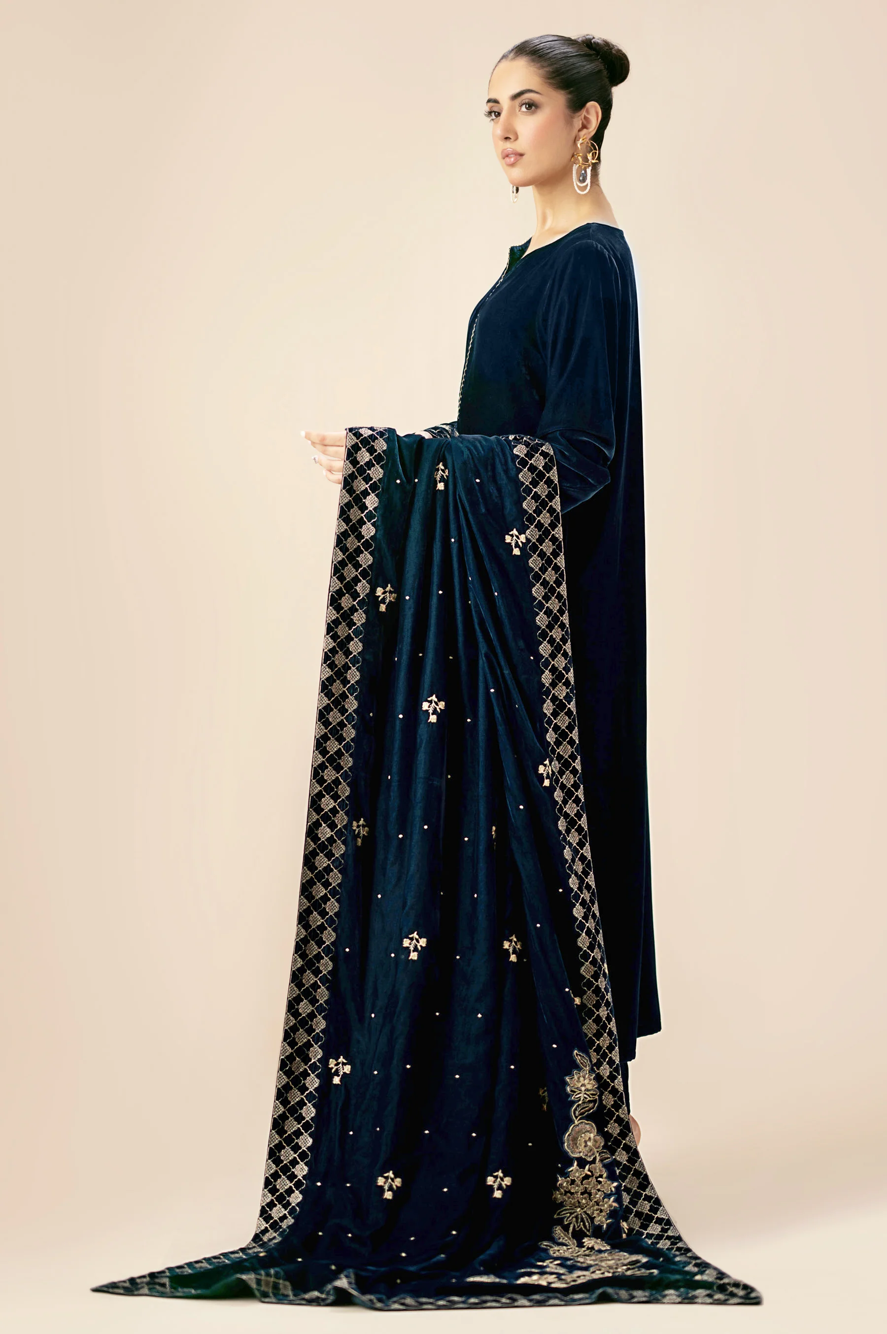 Embroidered Velvet Shawl - Teal - Image 2