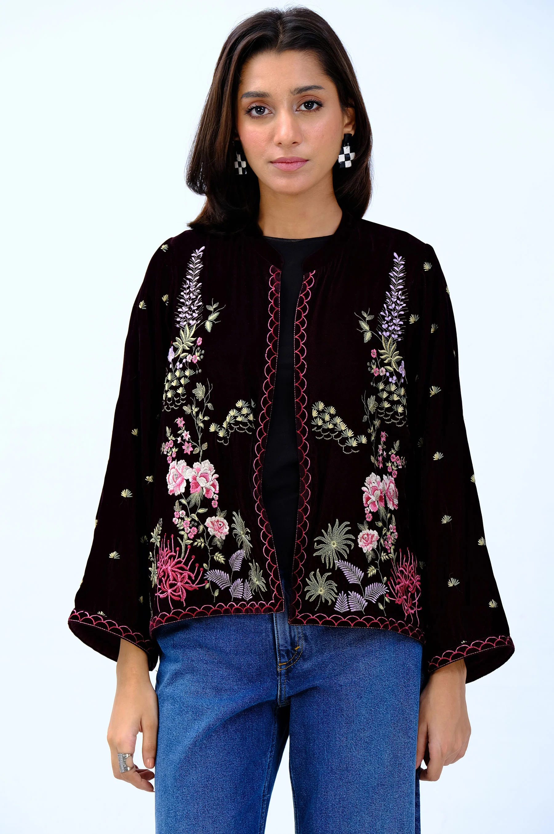 Stitched 1 Piece Embroidered Velvet Jacket
