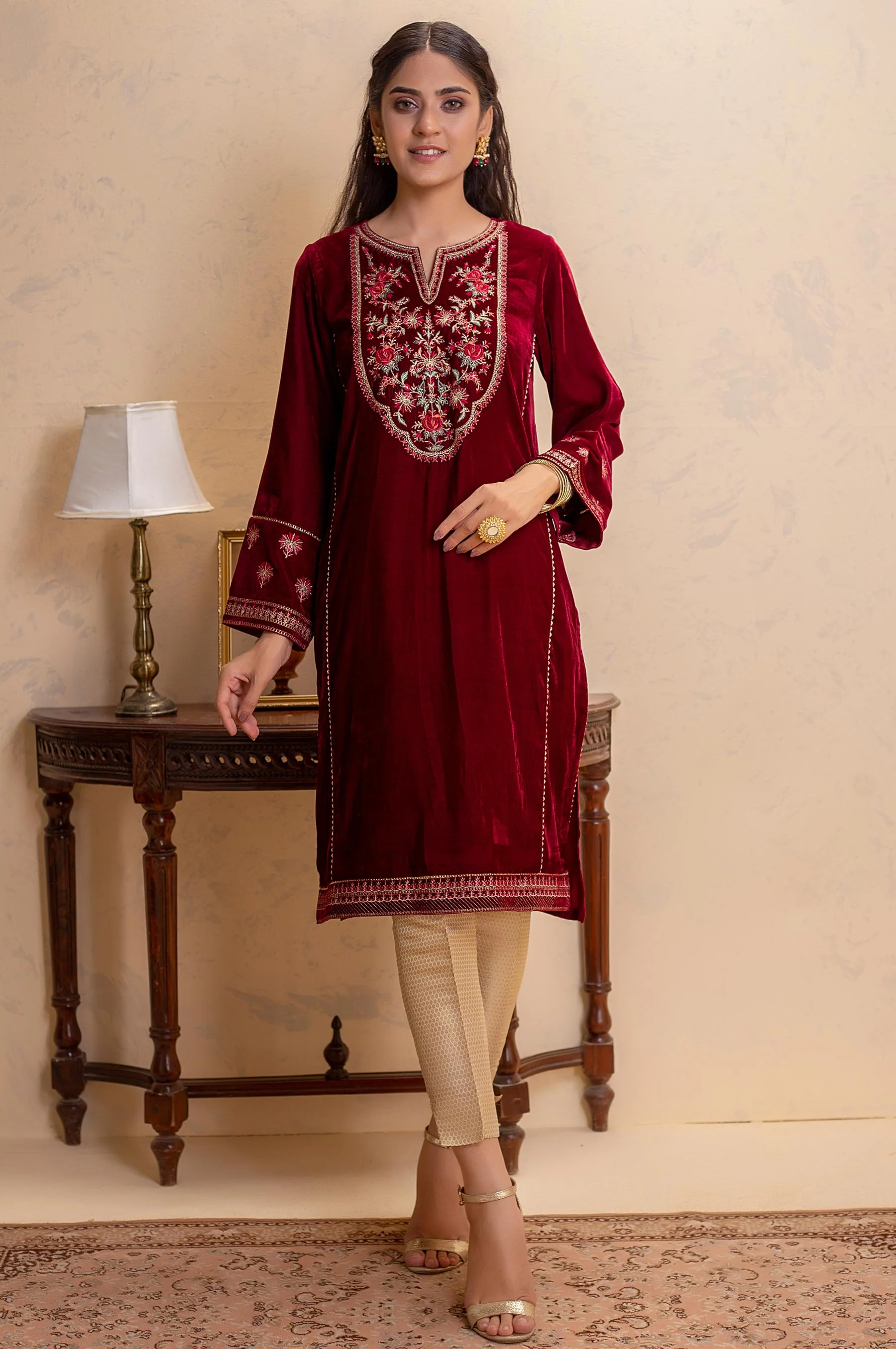 Stitched 1 Piece Velvet Embroidered Shirt