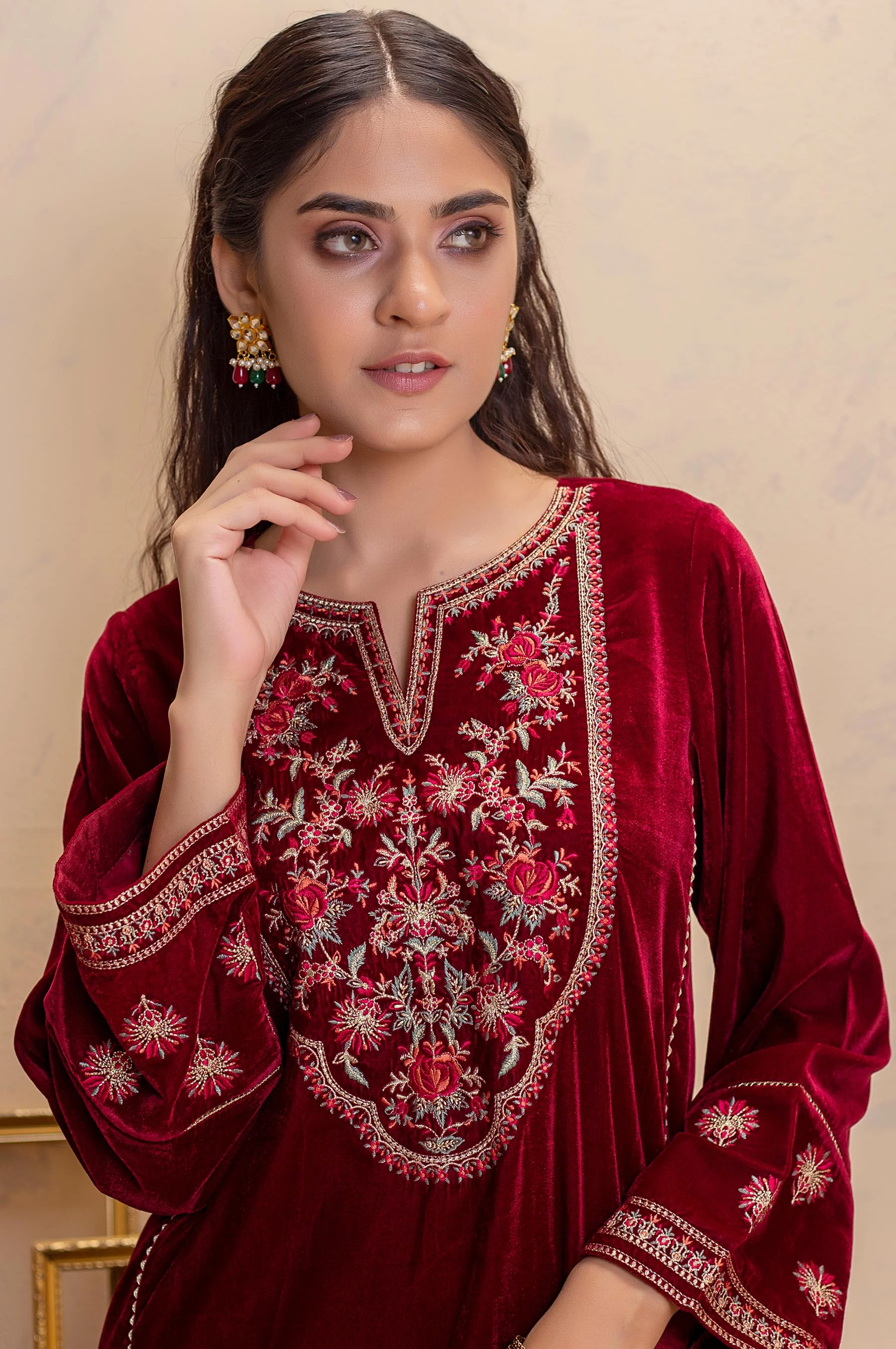 Stitched 1 Piece Velvet Embroidered Shirt - Image 3