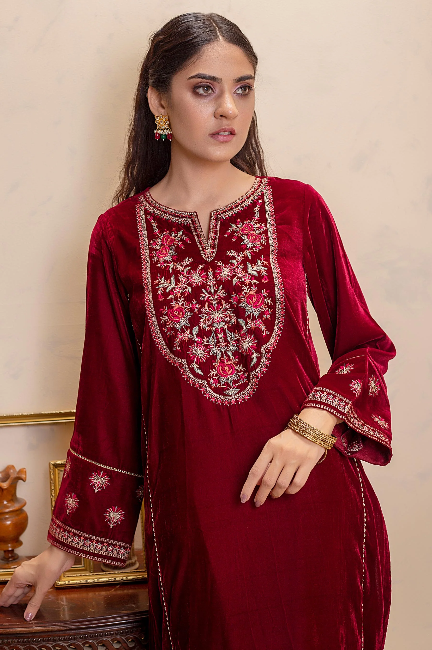 Stitched 1 Piece Velvet Embroidered Shirt - Image 4