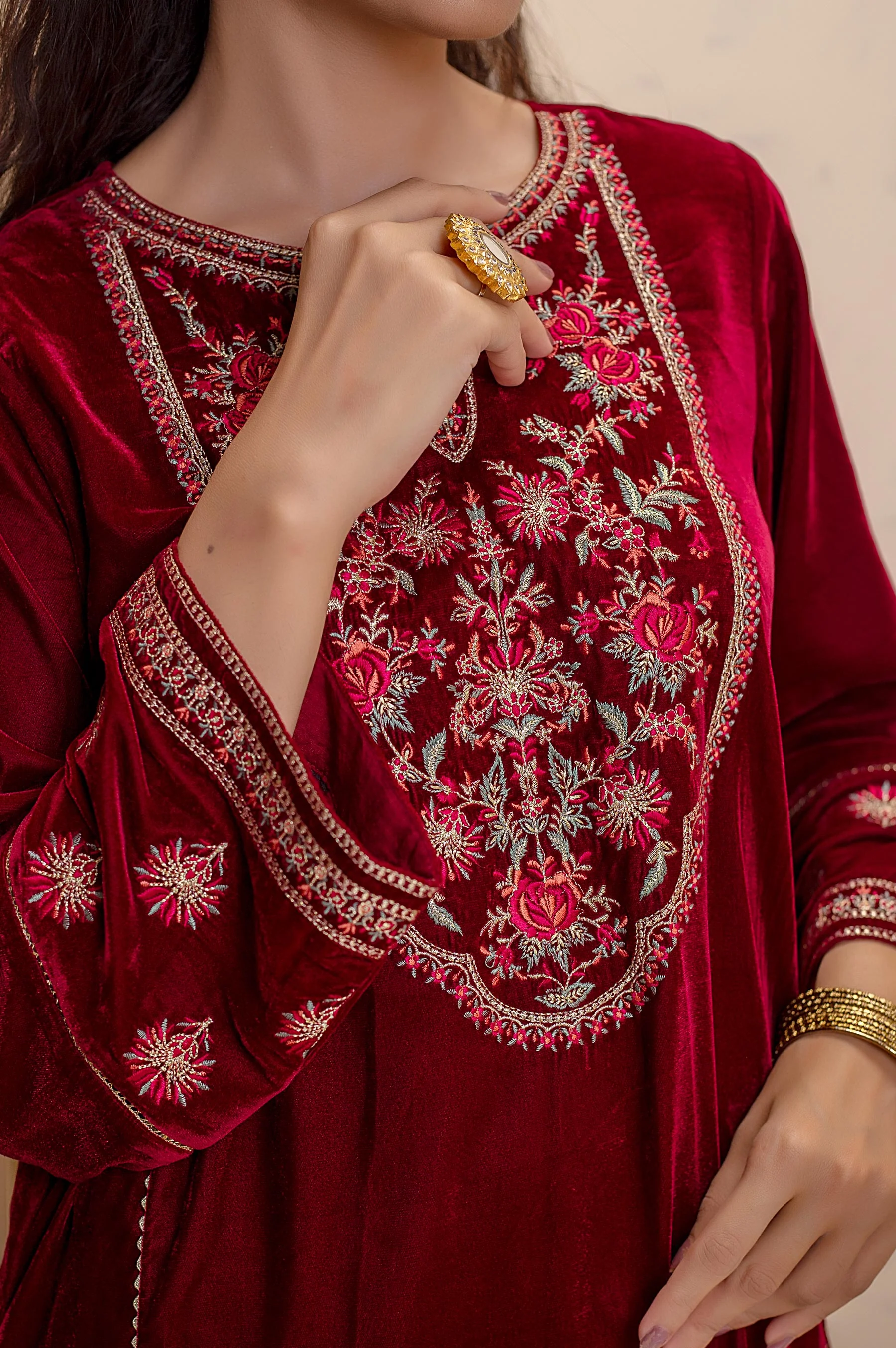Stitched 1 Piece Velvet Embroidered Shirt - Image 5