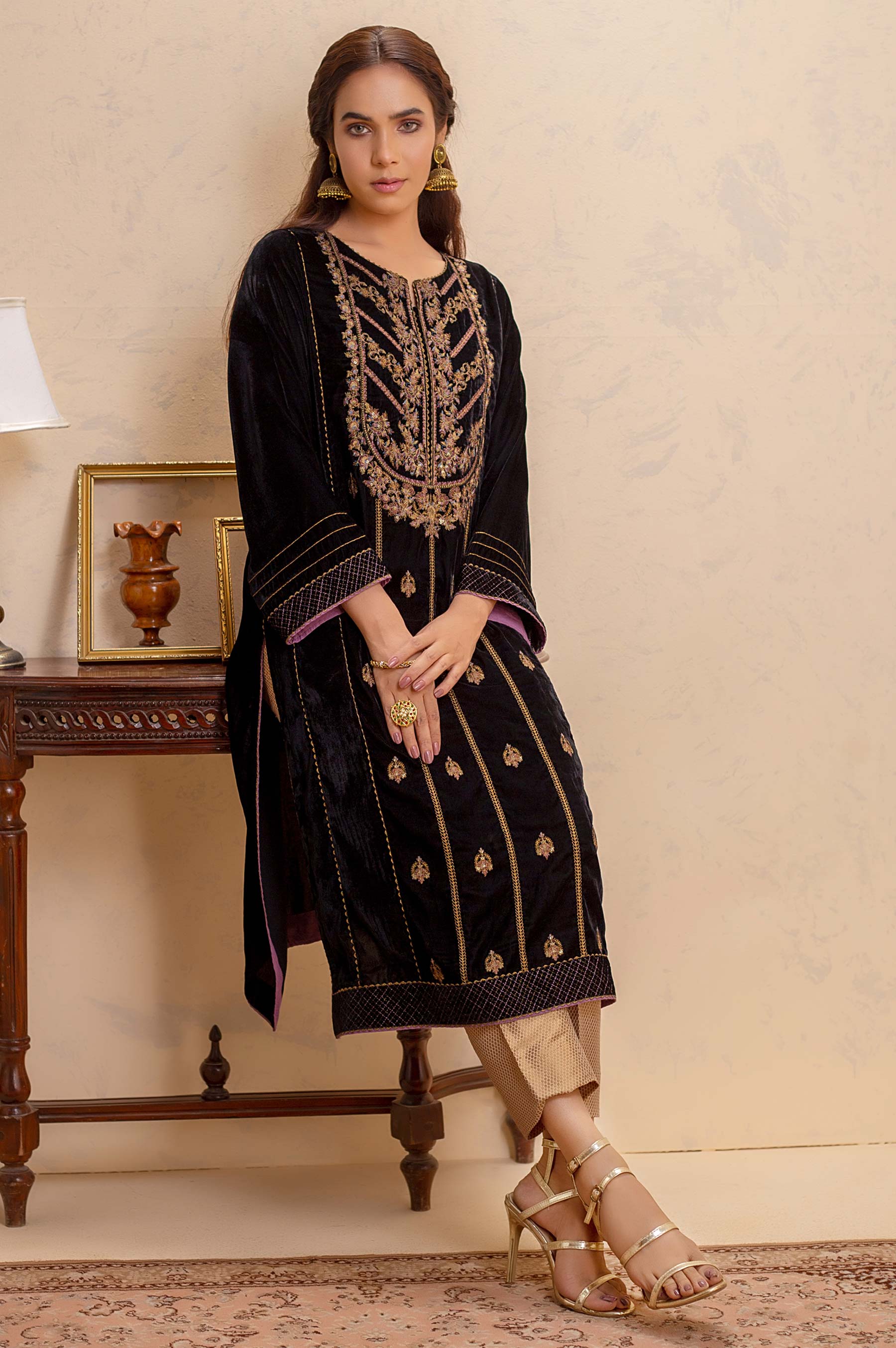 Stitched 1 Piece Velvet Embroidered Shirt - Image 3