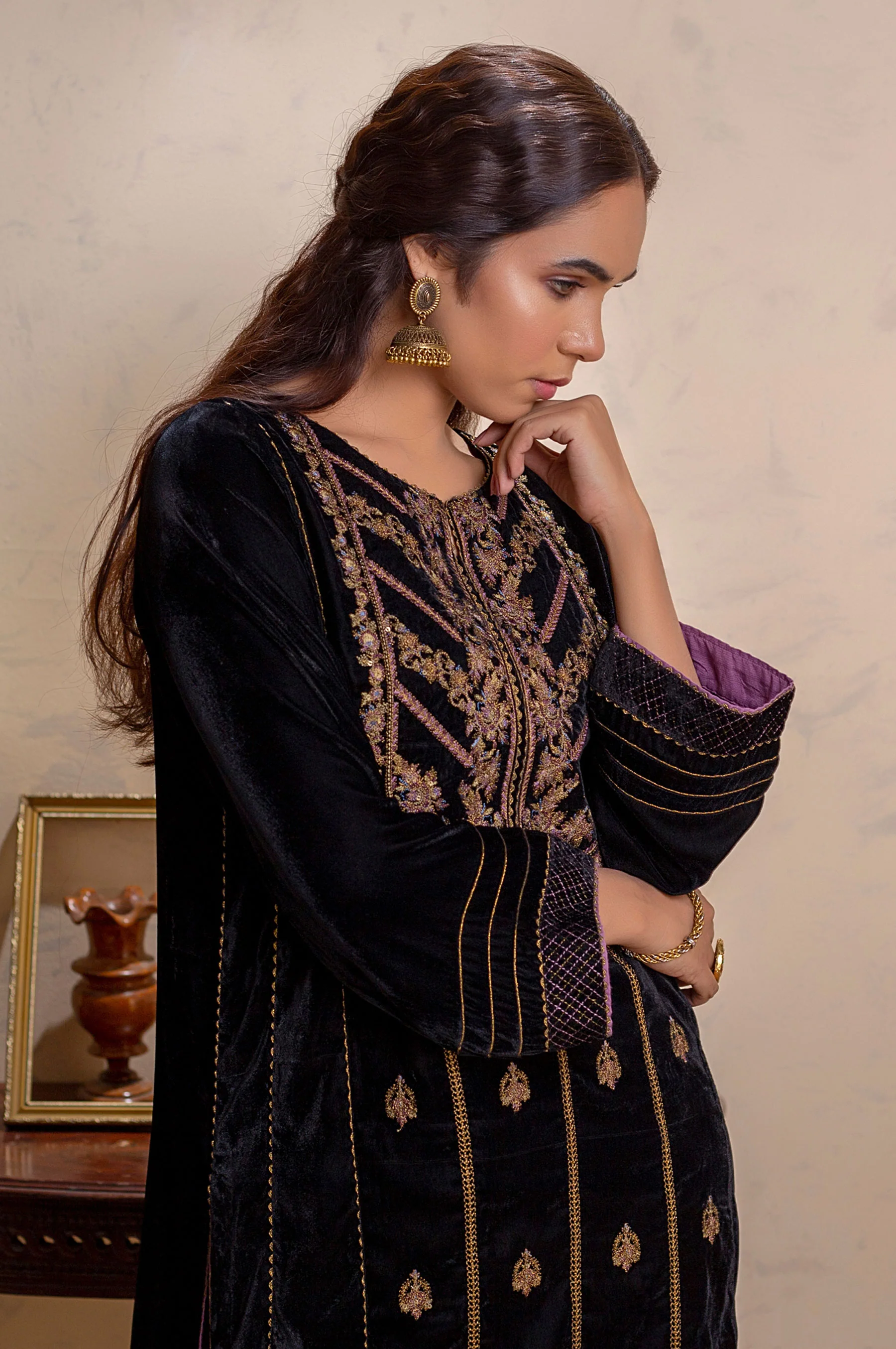 Stitched 1 Piece Velvet Embroidered Shirt - Image 5