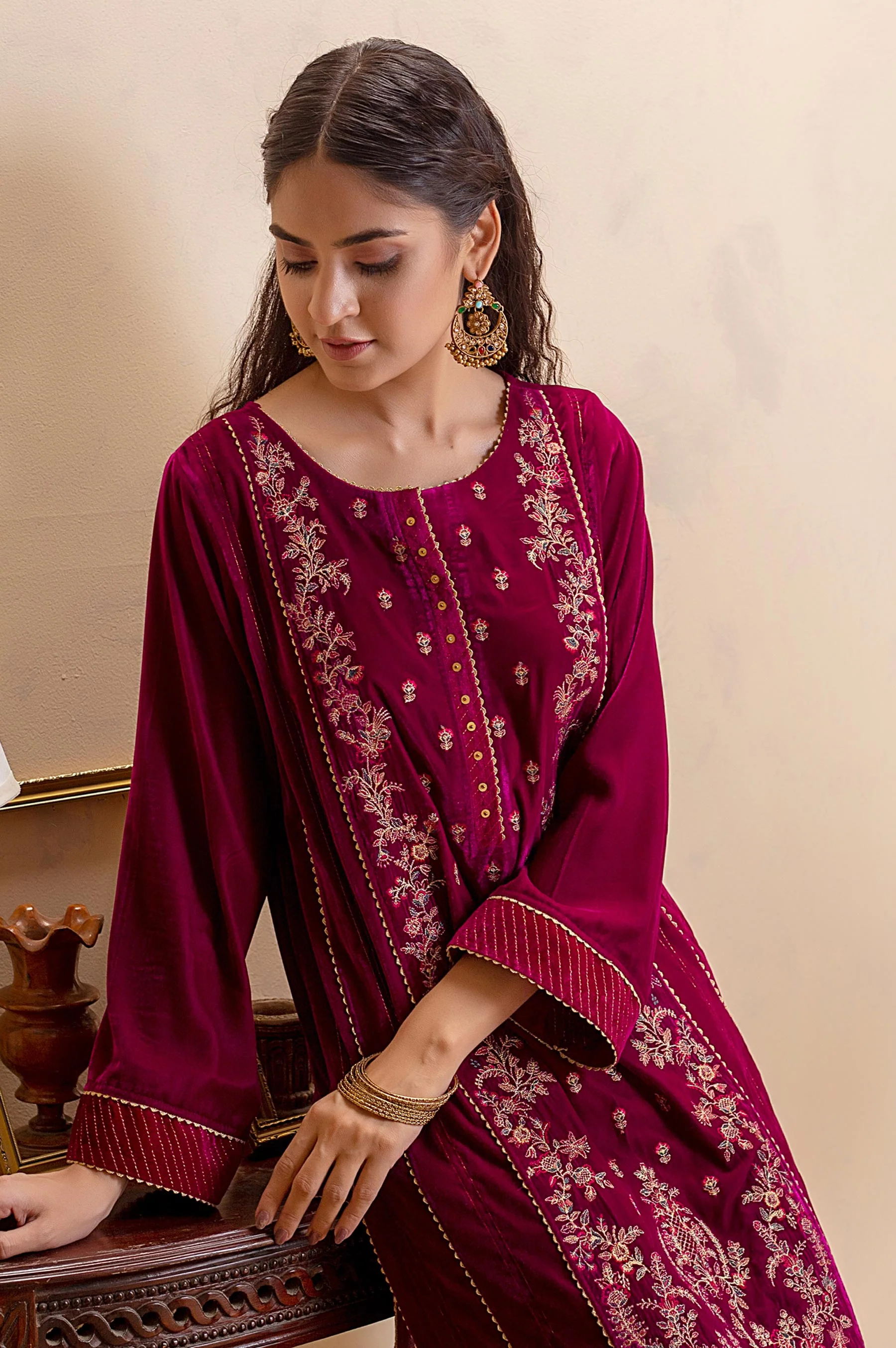 Stitched 1 Piece Velvet Embroidered Shirt - Image 3