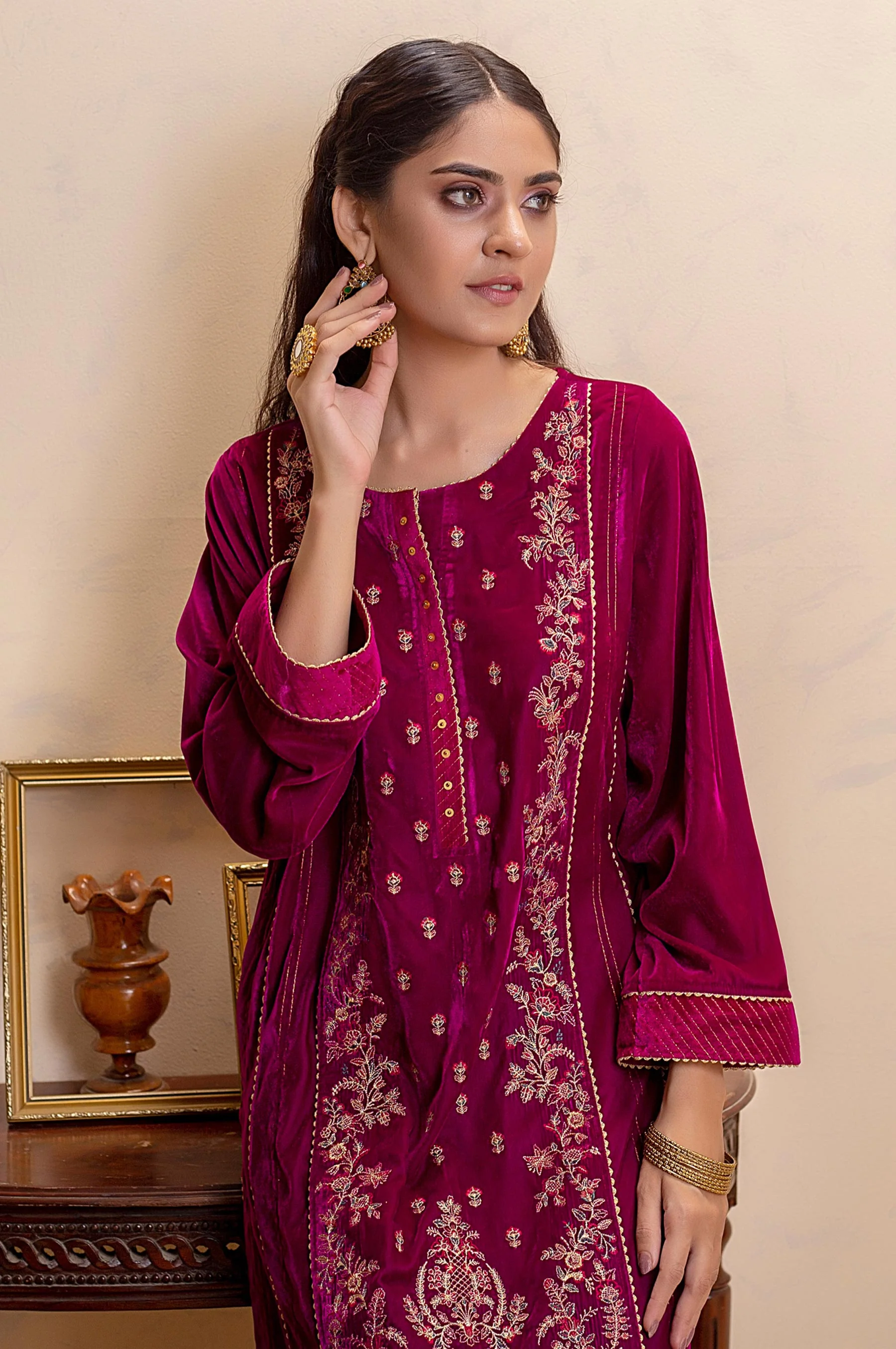 Stitched 1 Piece Velvet Embroidered Shirt - Image 4