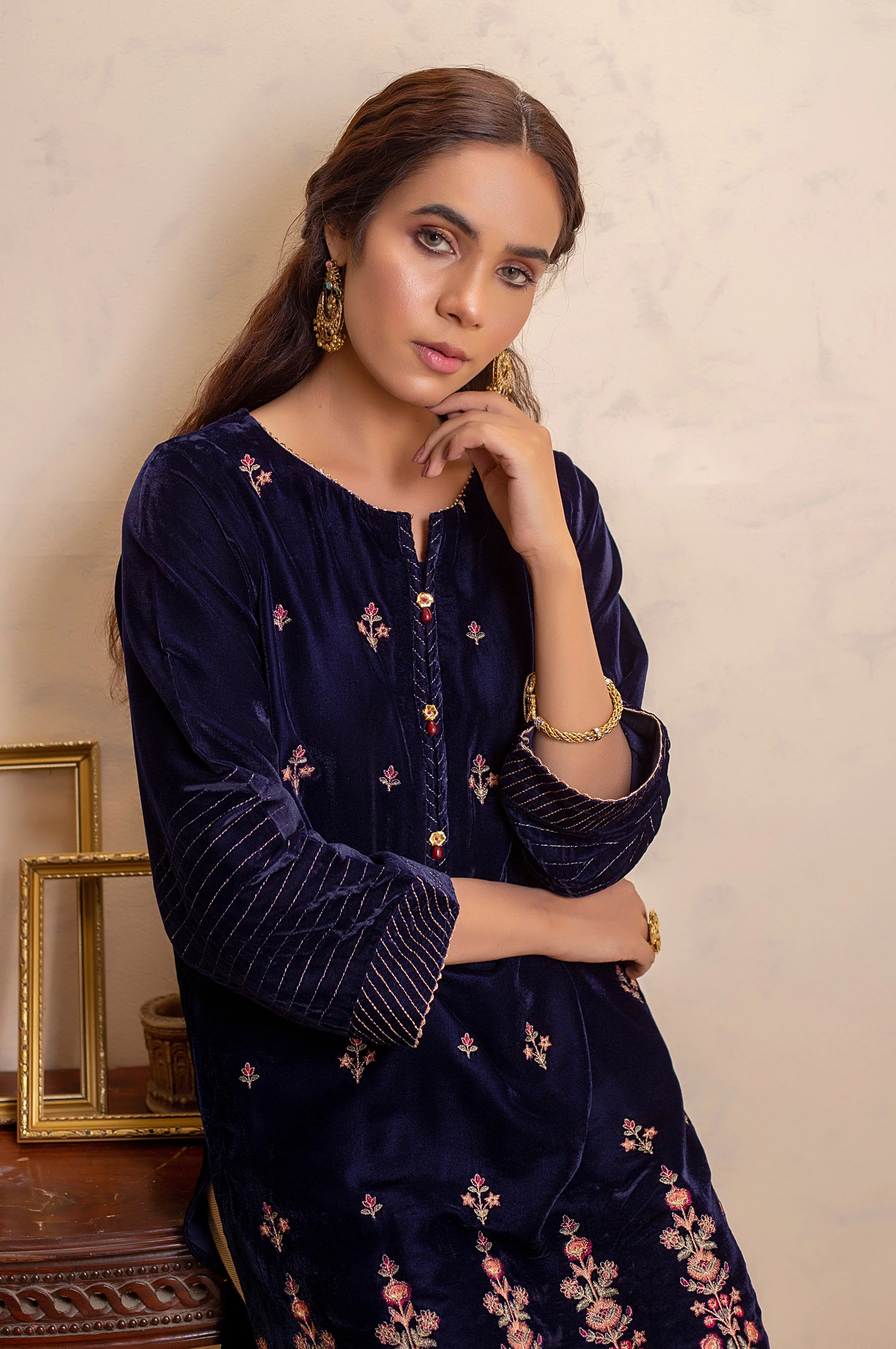 Stitched 1 Piece Velvet Embroidered Shirt - Image 3