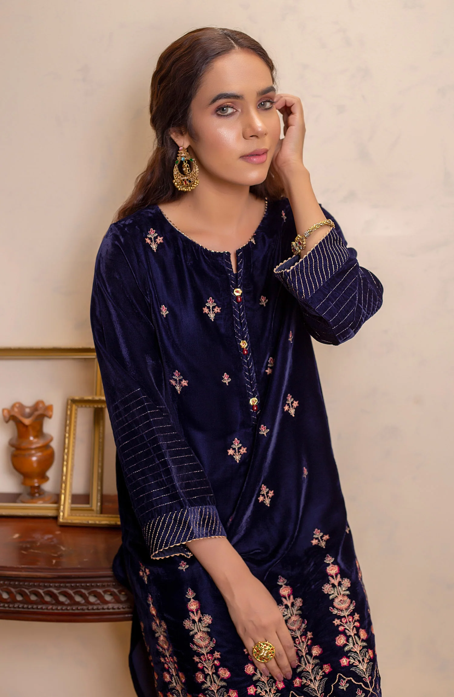 Stitched 1 Piece Velvet Embroidered Shirt - Image 4