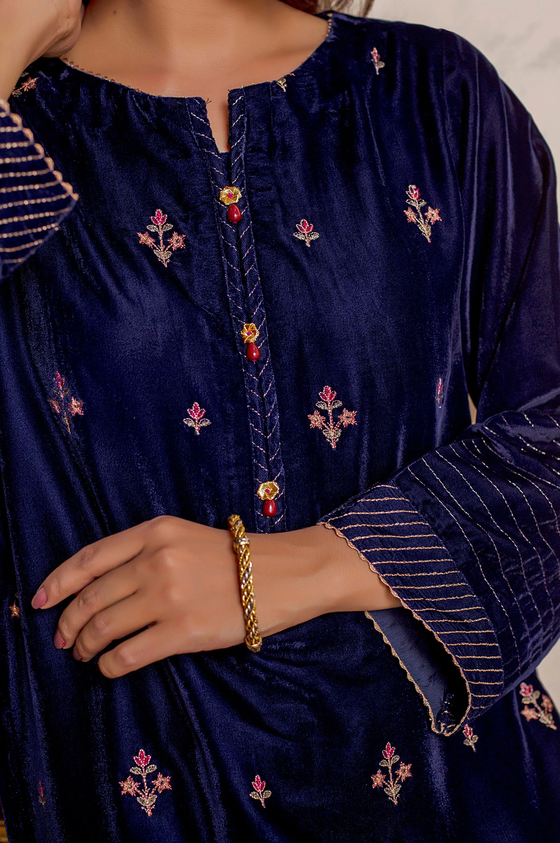 Stitched 1 Piece Velvet Embroidered Shirt - Image 6