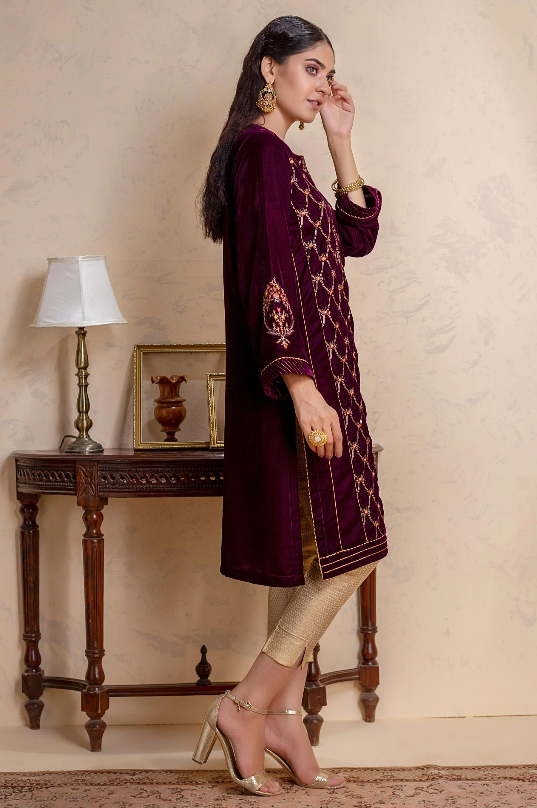 Stitched 1 Piece Velvet Embroidered Shirt - Image 2