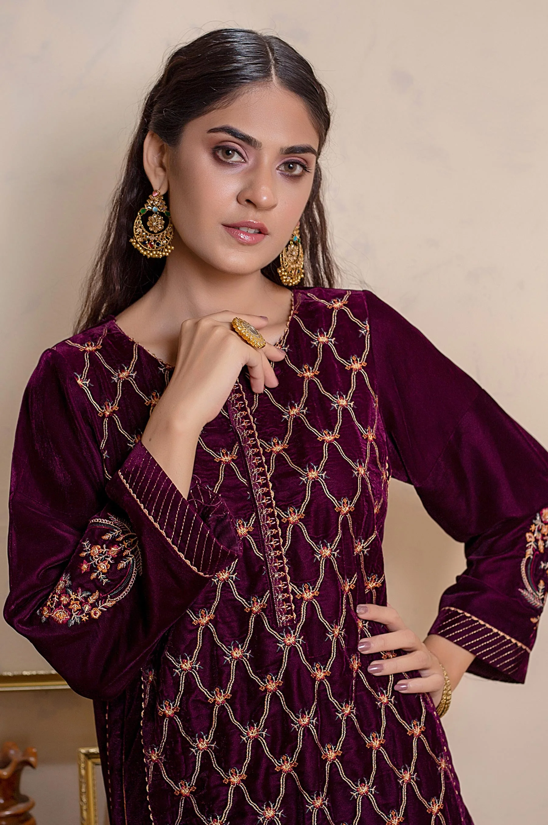 Stitched 1 Piece Velvet Embroidered Shirt - Image 3