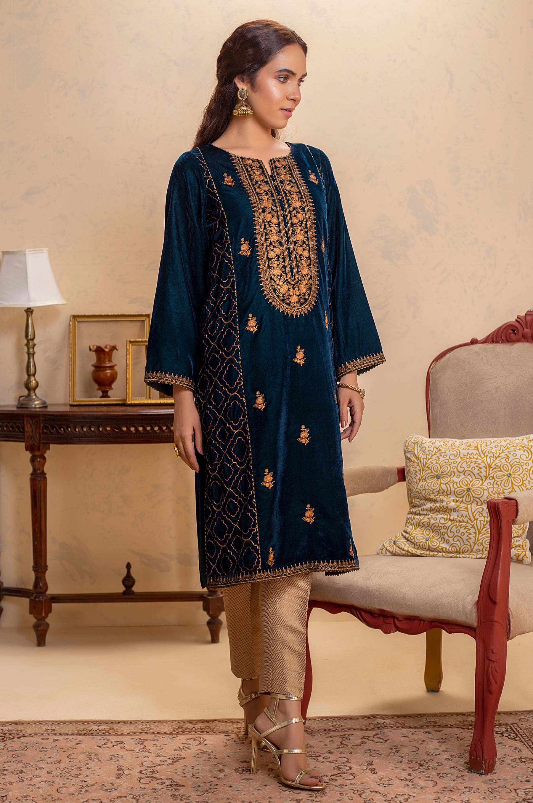 Stitched 1 Piece Velvet Embroidered Shirt - Image 2