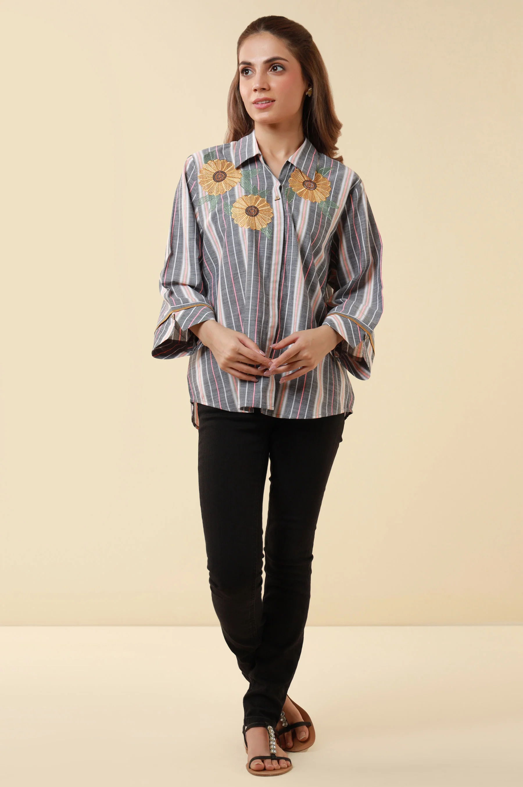 Stitched 1 Piece Embroidered Yarn Dyed Fusion Top - Image 2