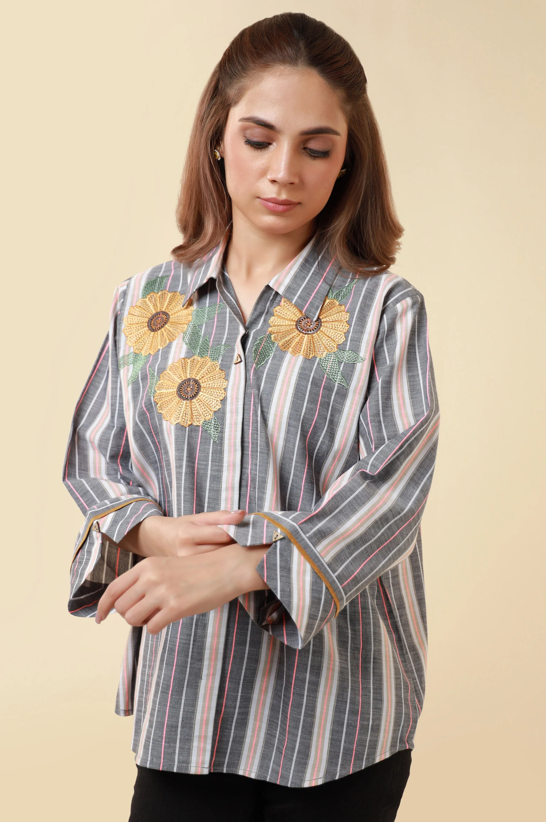 Stitched 1 Piece Embroidered Yarn Dyed Fusion Top - Image 4