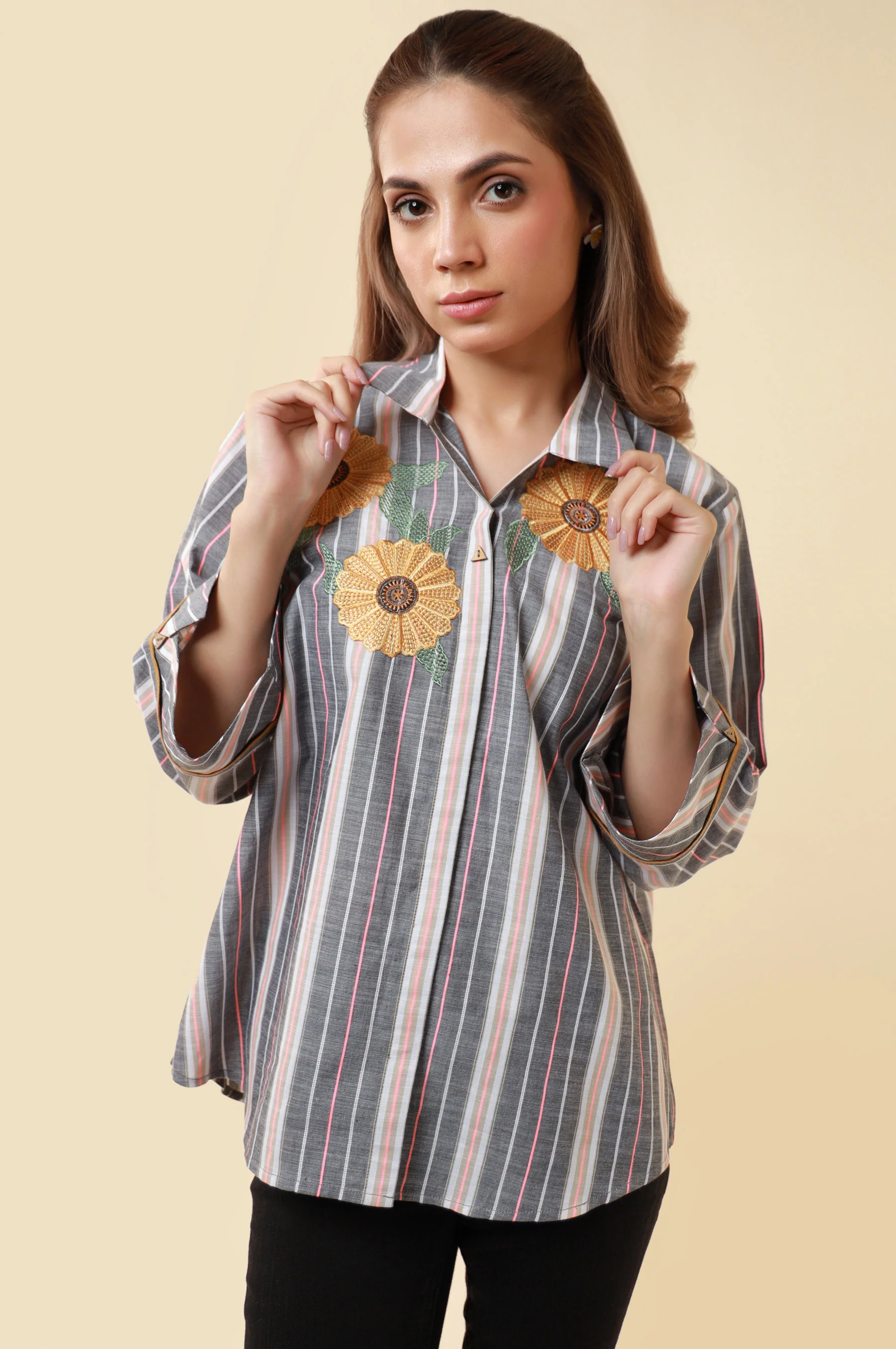 Stitched 1 Piece Embroidered Yarn Dyed Fusion Top - Image 6
