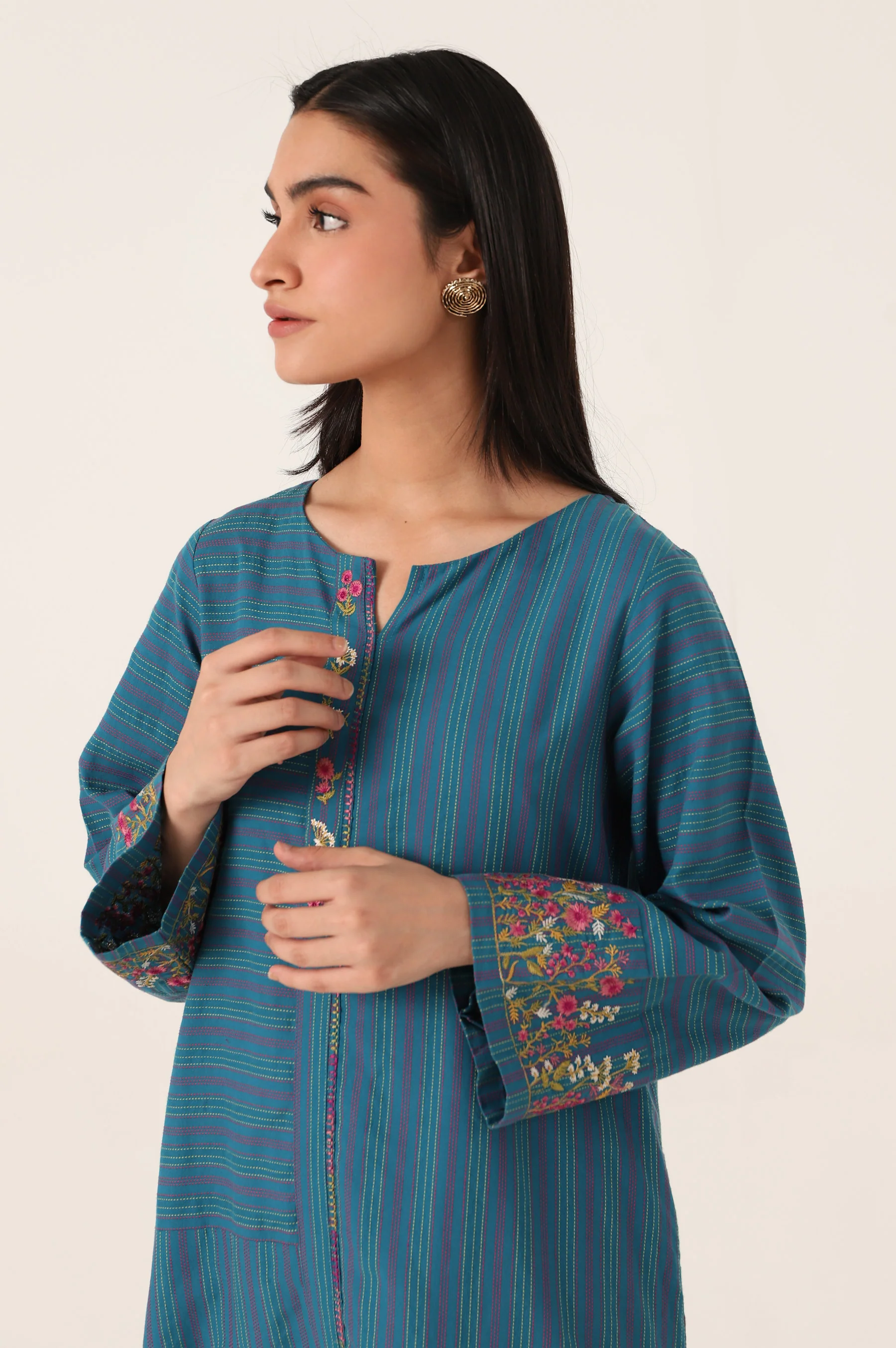Stitched 1 Piece Embroidered Yarn Dyed Shirt - Image 2