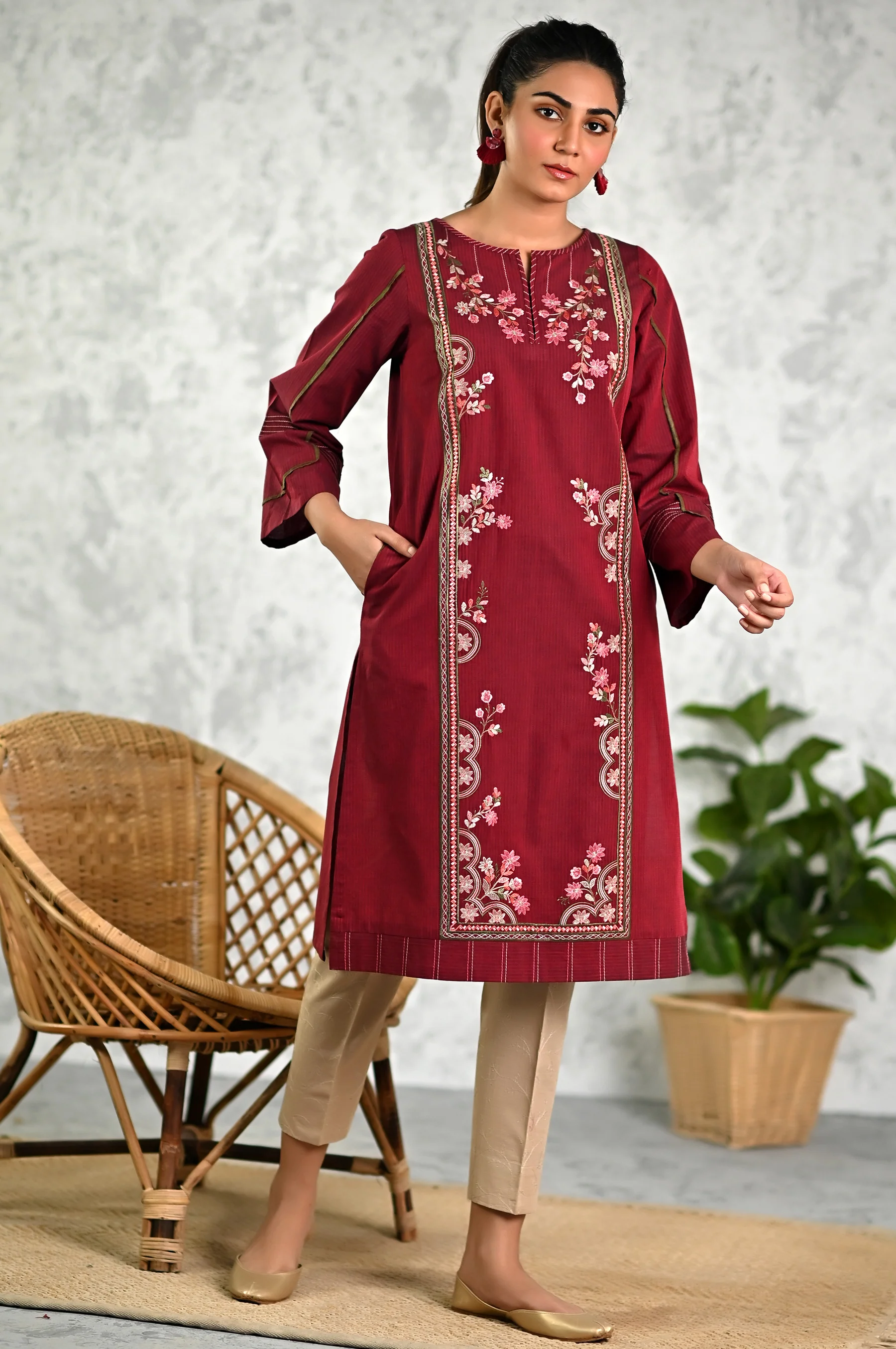 Stitched 1 Piece Embroidered Yarn Dyed Textured Shirt - Image 2