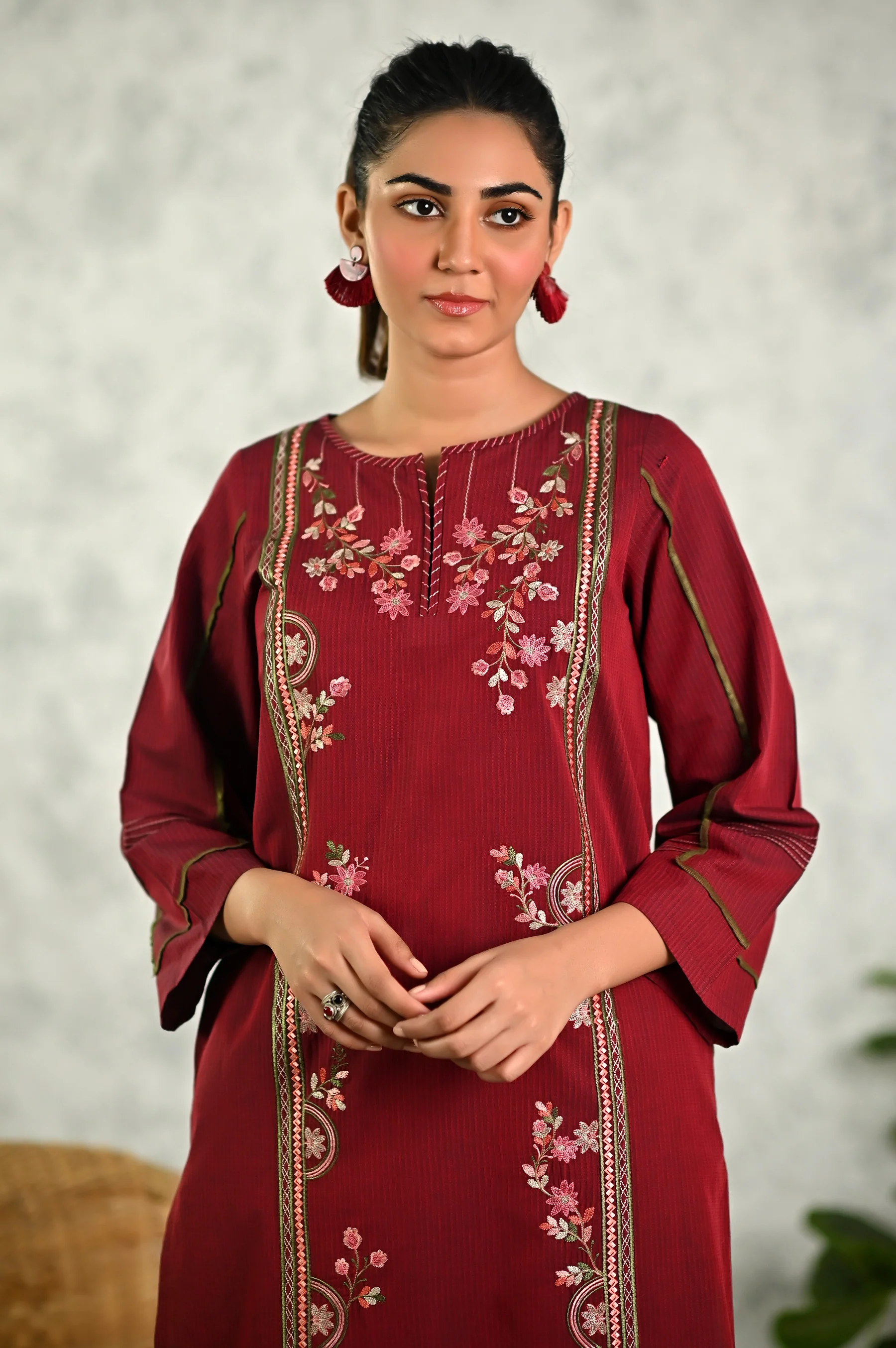 Stitched 1 Piece Embroidered Yarn Dyed Textured Shirt - Image 3