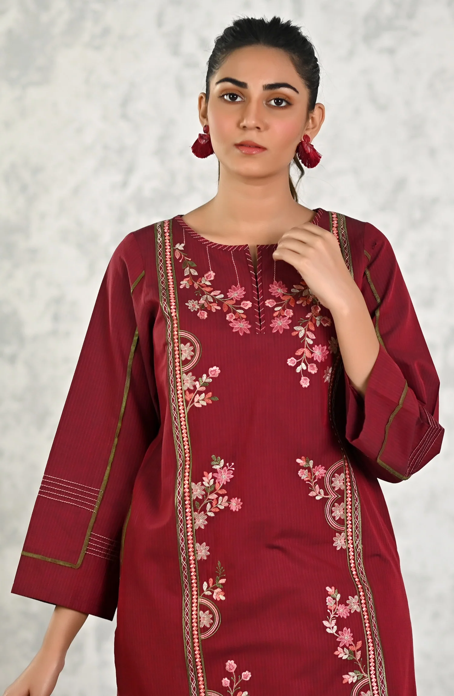 Stitched 1 Piece Embroidered Yarn Dyed Textured Shirt - Image 5