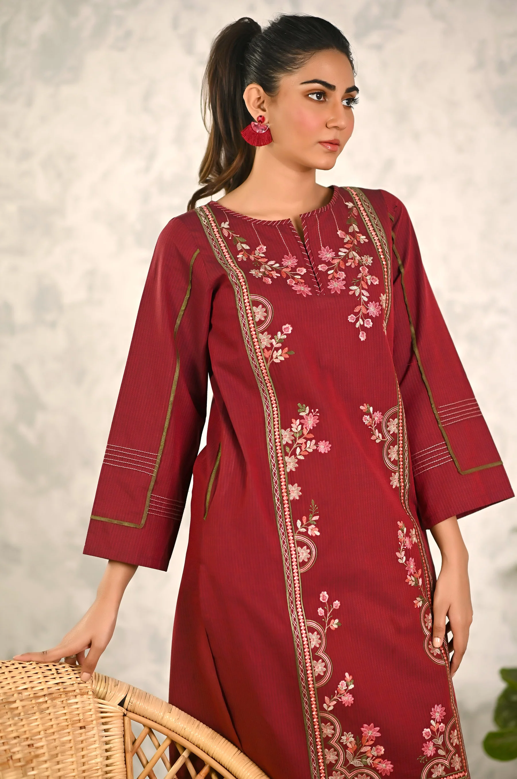 Stitched 1 Piece Embroidered Yarn Dyed Textured Shirt - Image 6