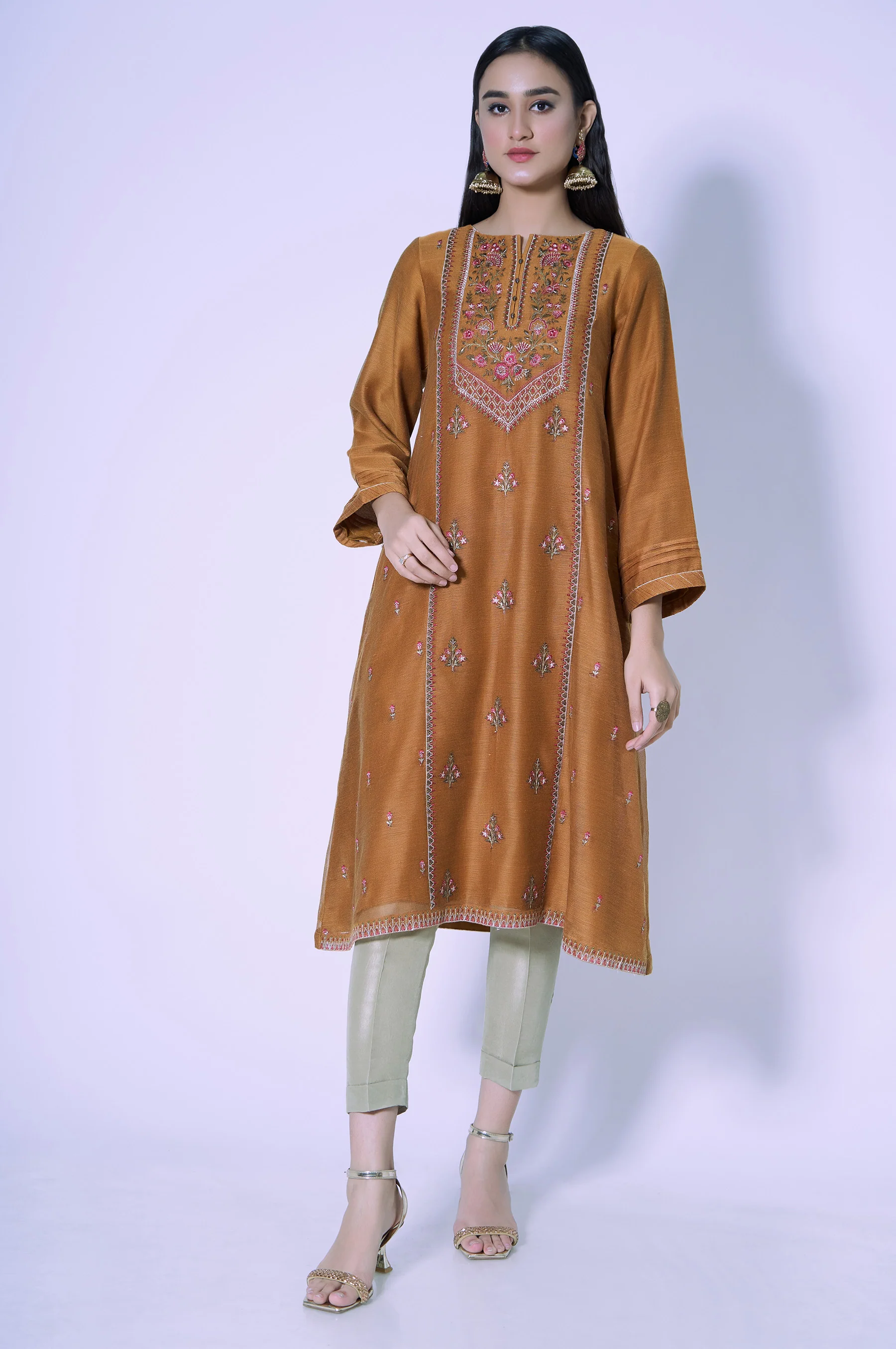 Stitched 1 Piece Paper Cotton Sequin Embroidered Shirt - Image 2