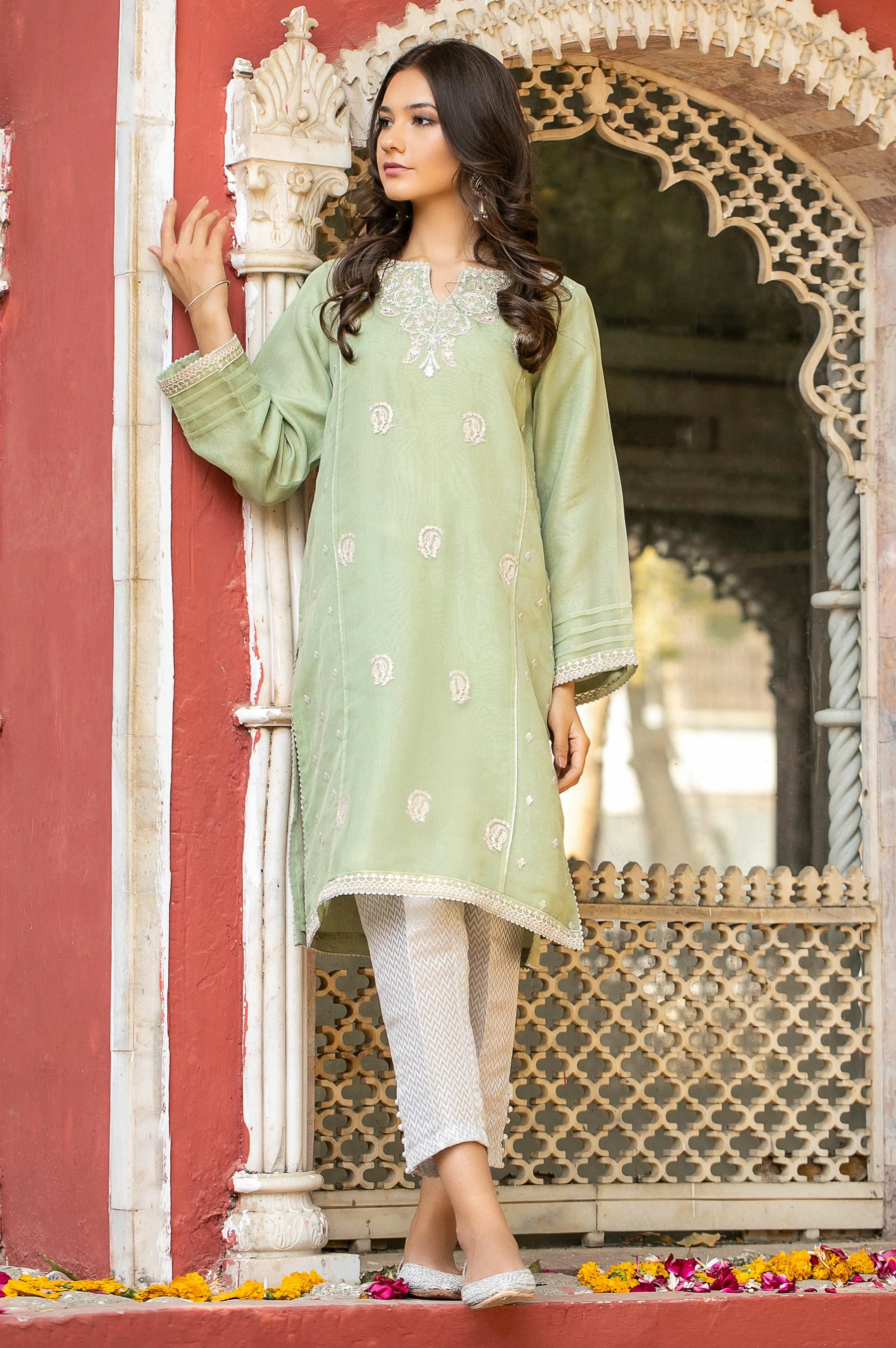 Stitched 1 Piece Organza Embroidered Shirt