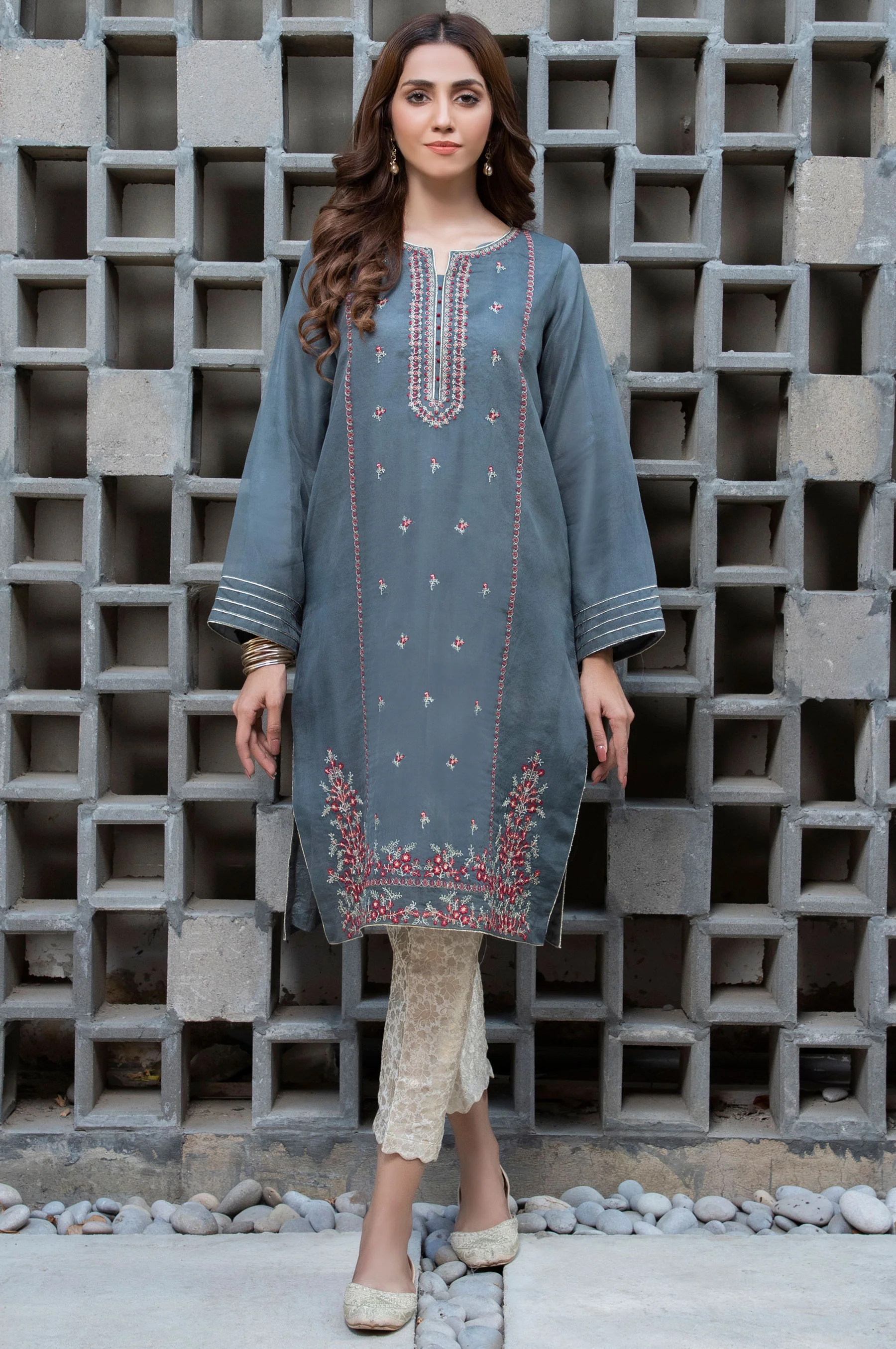 Stitched 1 Piece Organza Embroidered Shirt