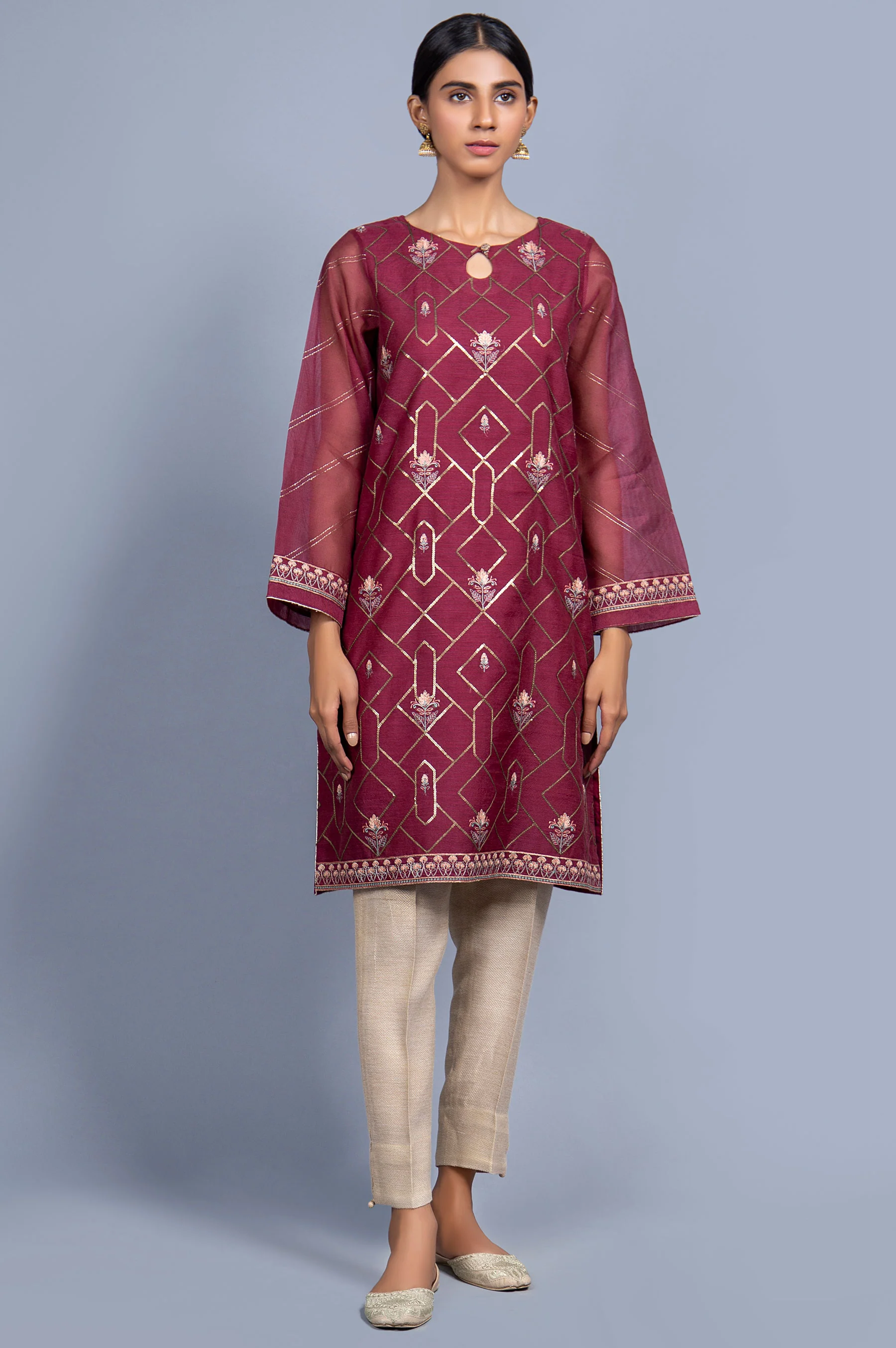 Stitched 1 Piece Organza Striped Embroidered Shirt - Image 3