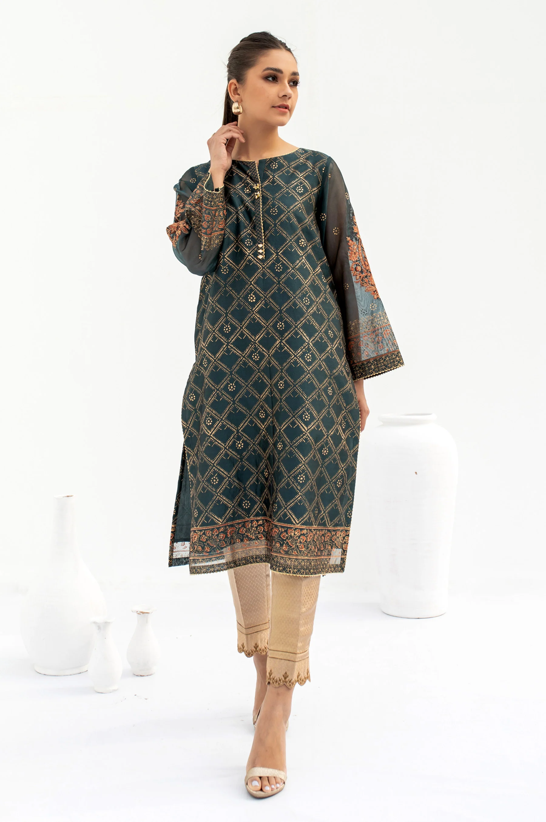 Stitched 1 Piece Block Printed Organza Shirt
