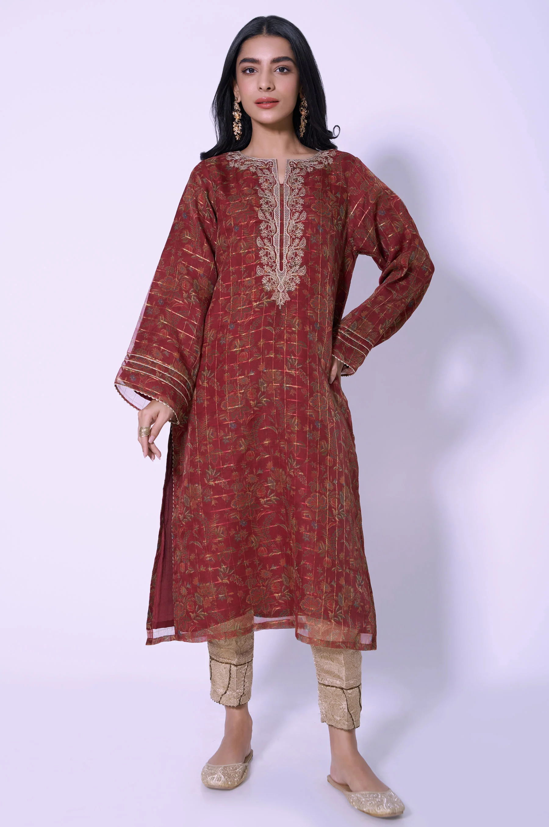 Stitched 1 Piece Printed Organza Embroidered Shirt - Image 2