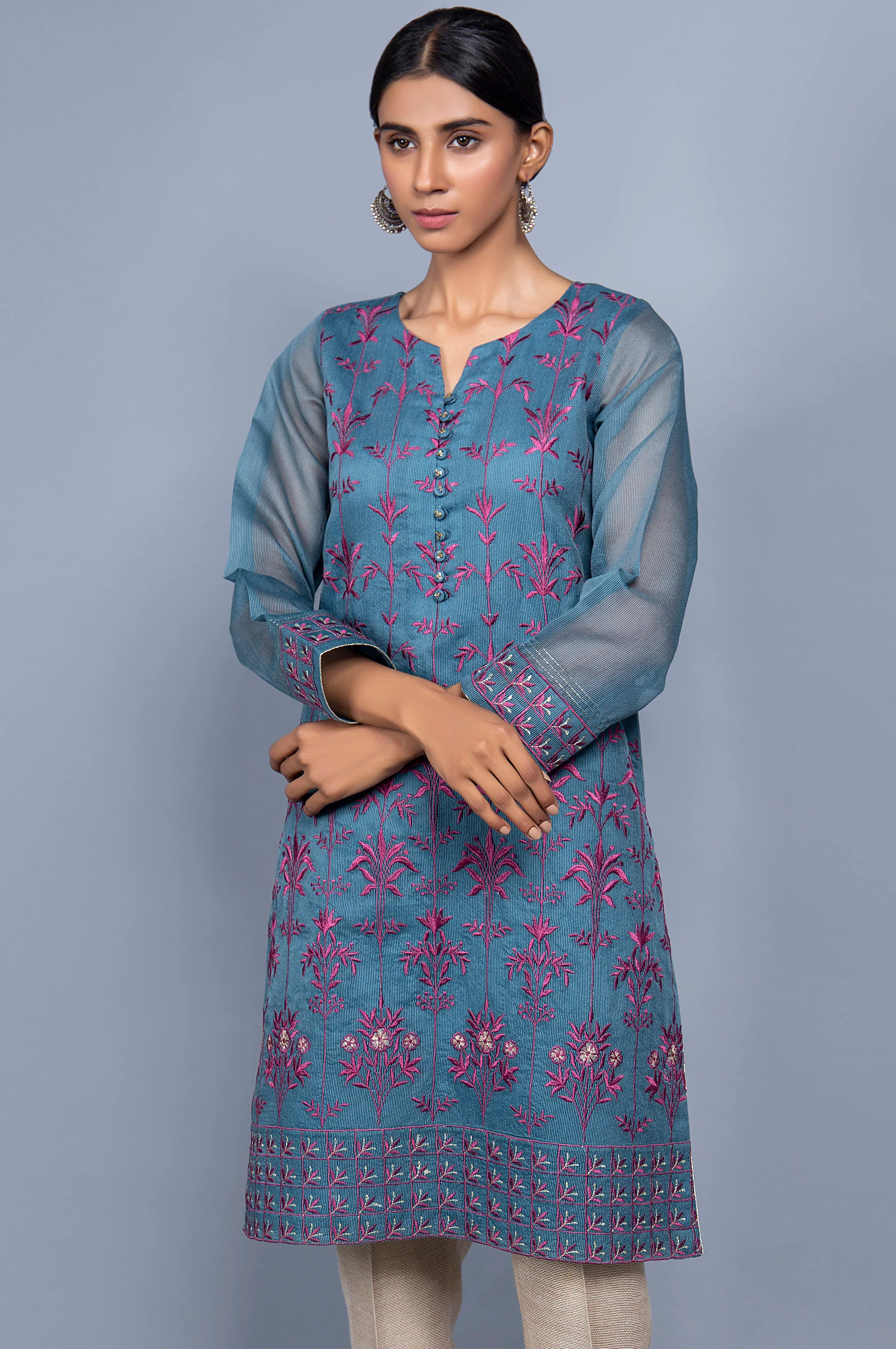 Stitched 1 Piece Organza Striped Embroidered Shirt