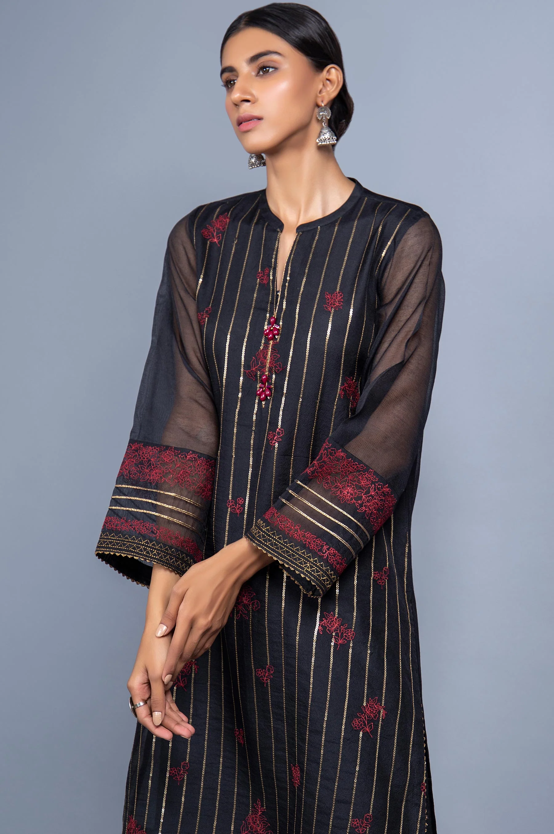 Stitched 1 Piece Organza Striped Embroidered Shirt