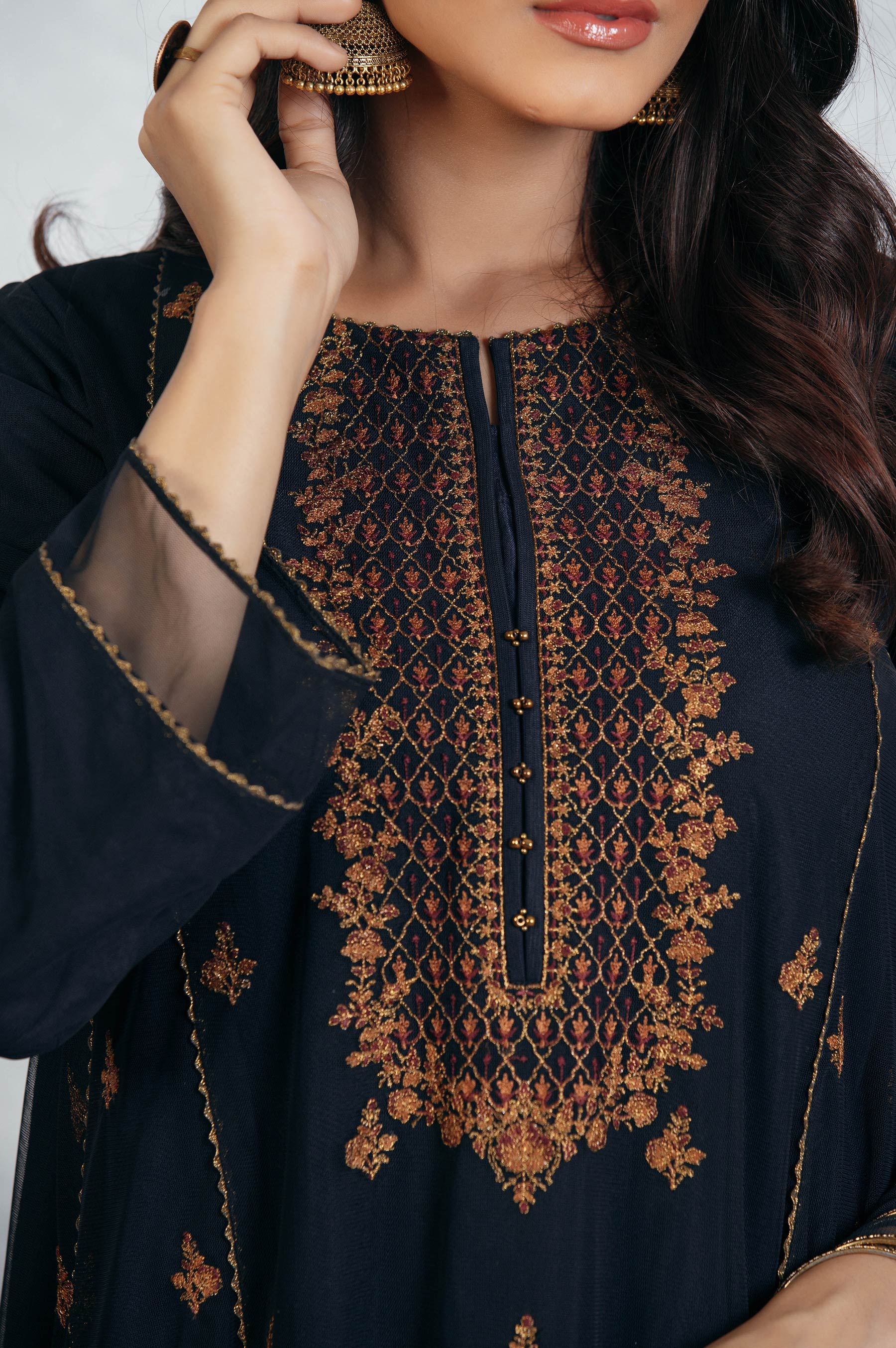 Stitched 1 Piece Poly net Embroidered Suit - Image 6