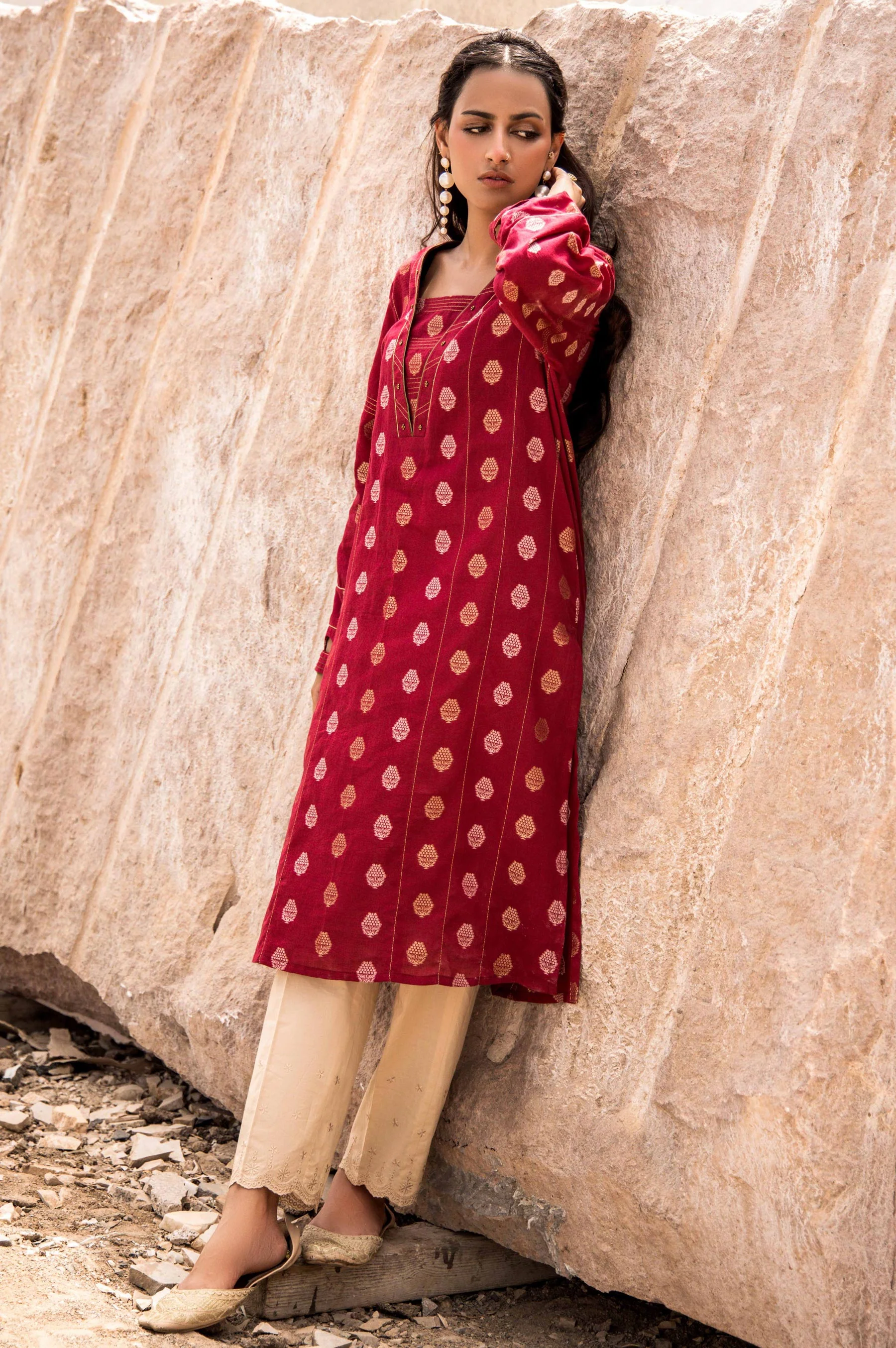Stitched 1 Piece Embroidered Satin Jacquard Shirt - Image 2