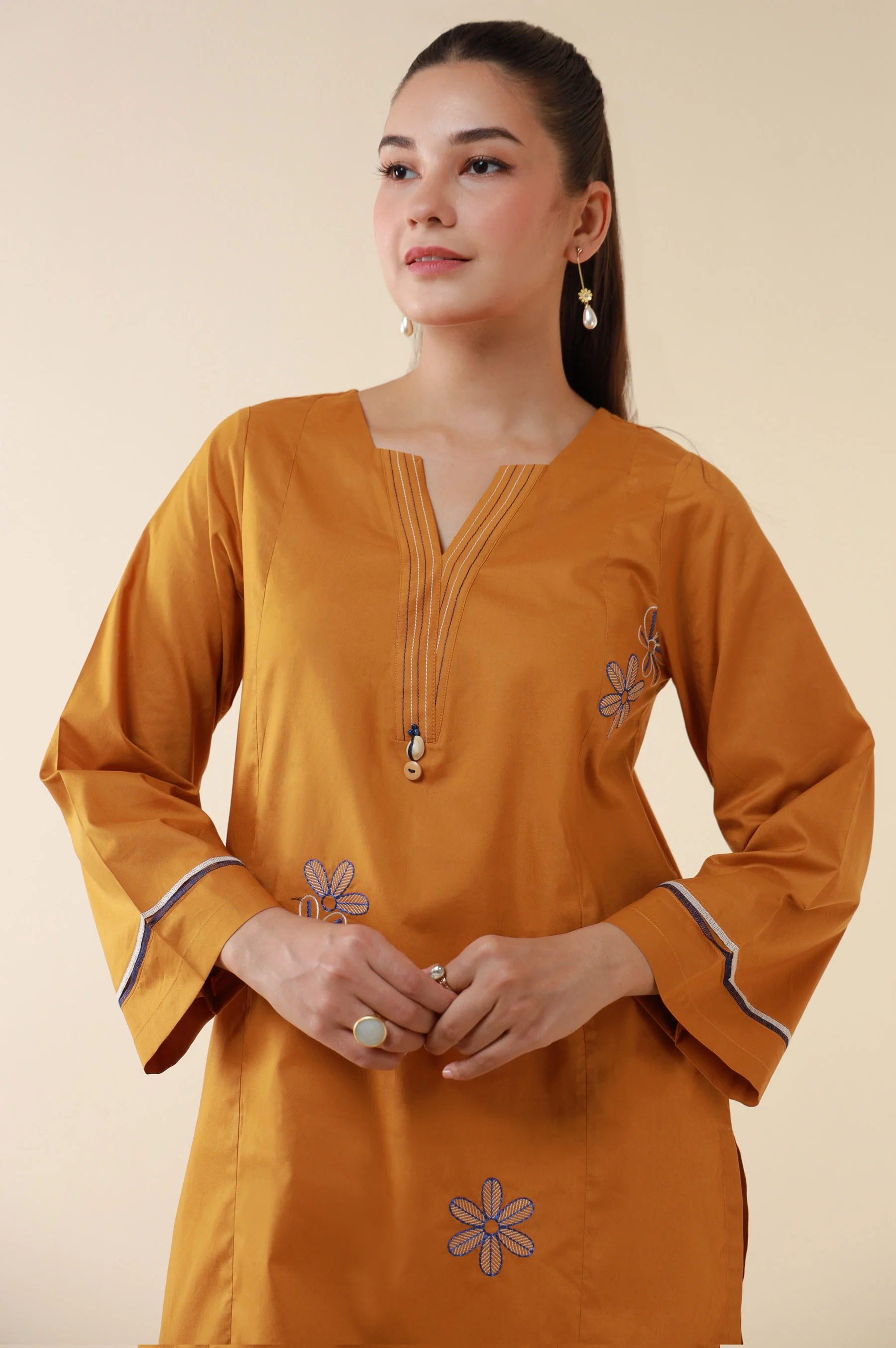 Stitched 1 Piece Embroidered Tencel Shirt - Image 2