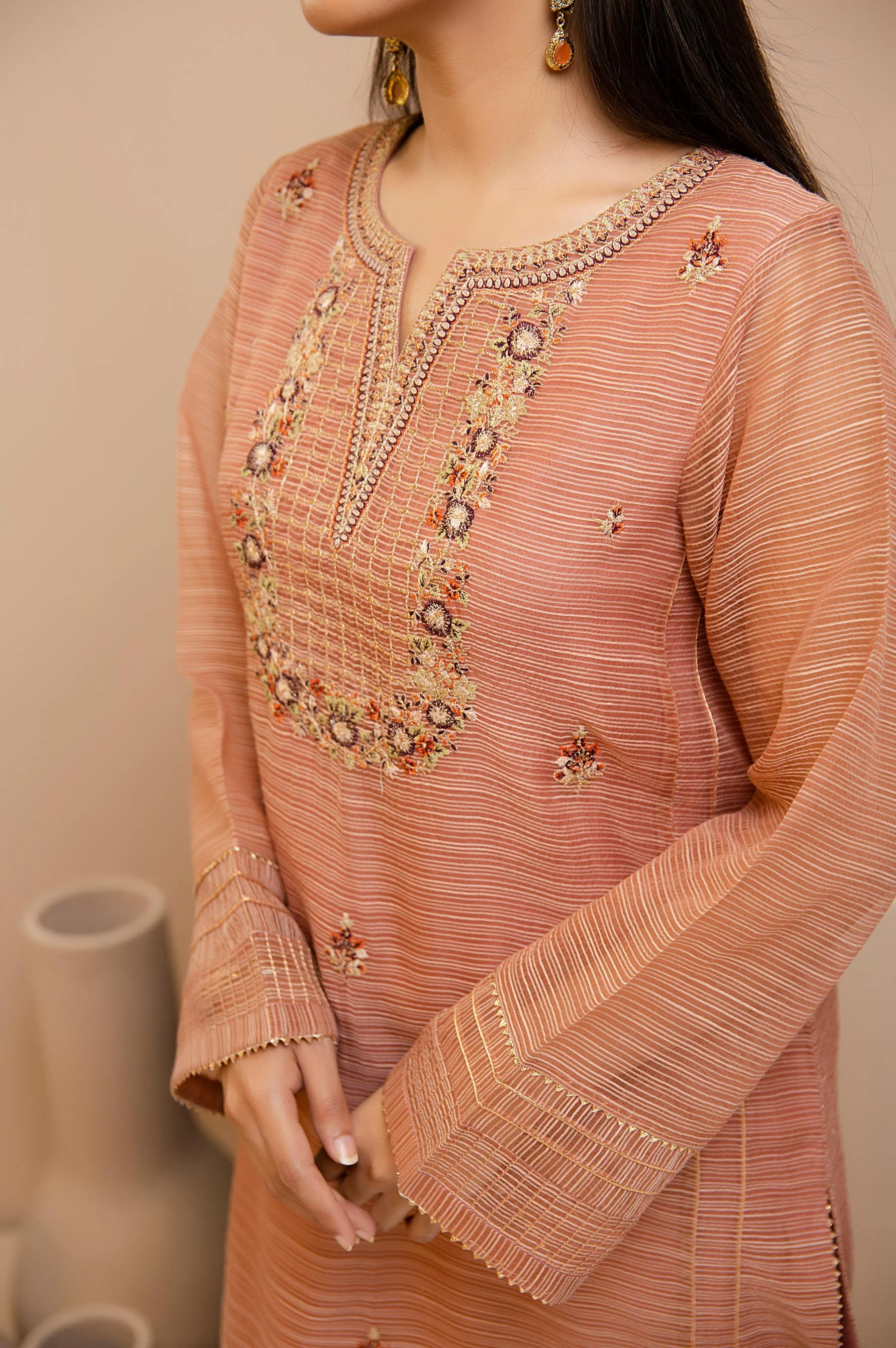 Stitched 1 Piece Slub Organza Embroidered Shirt - Image 4