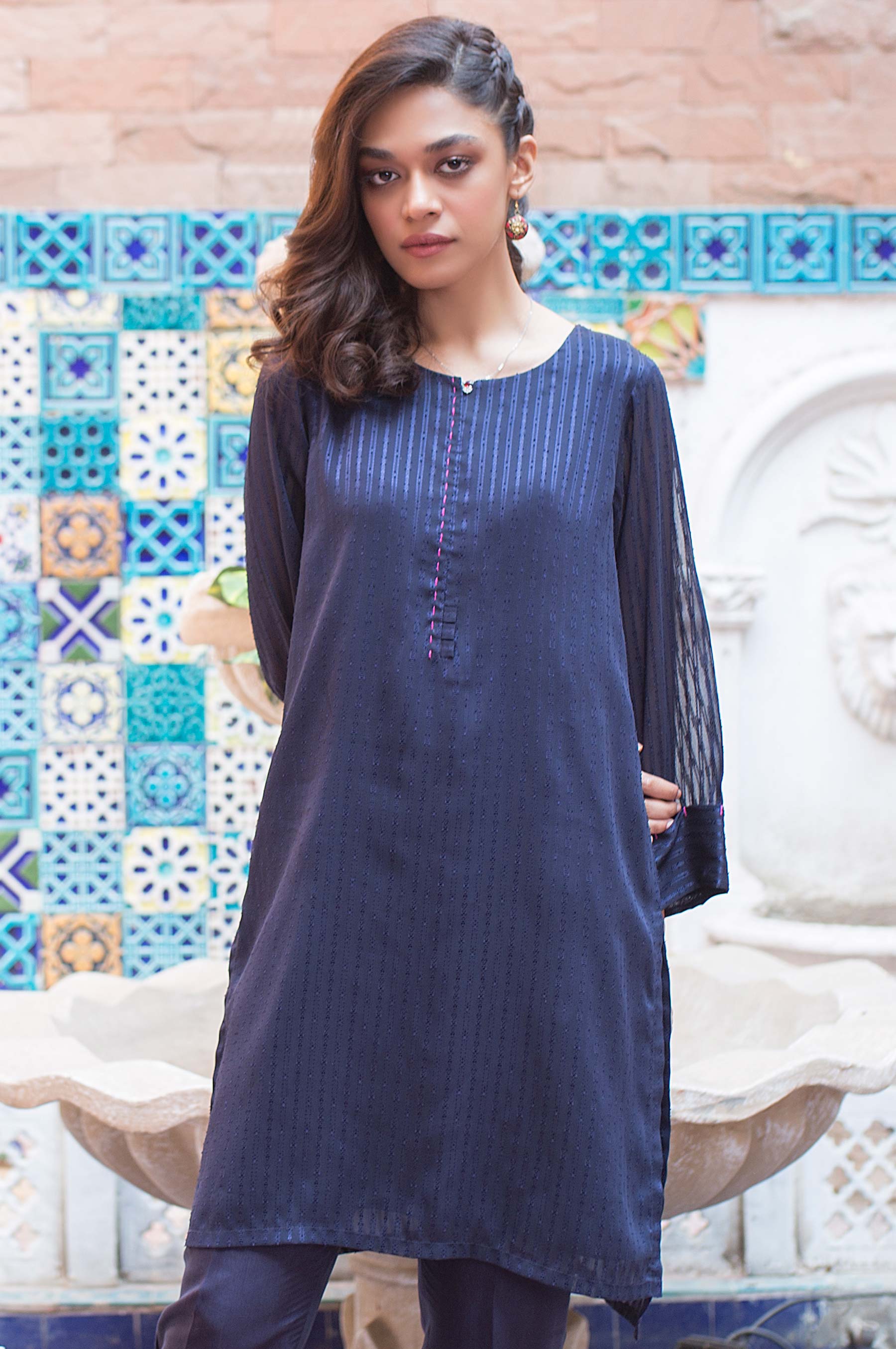 Stitched 1 Piece Stripe Georgette Shirt - Image 3