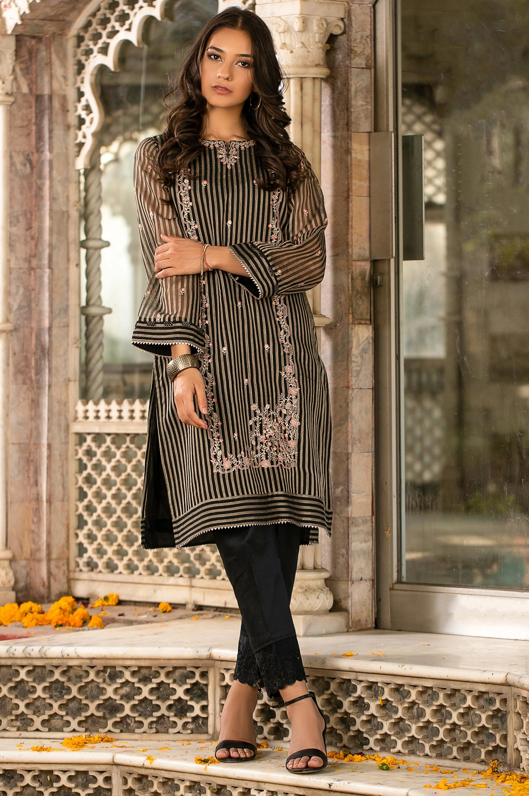 Stitched 1 Piece Striped Organza Embroidered Shirt - Image 3