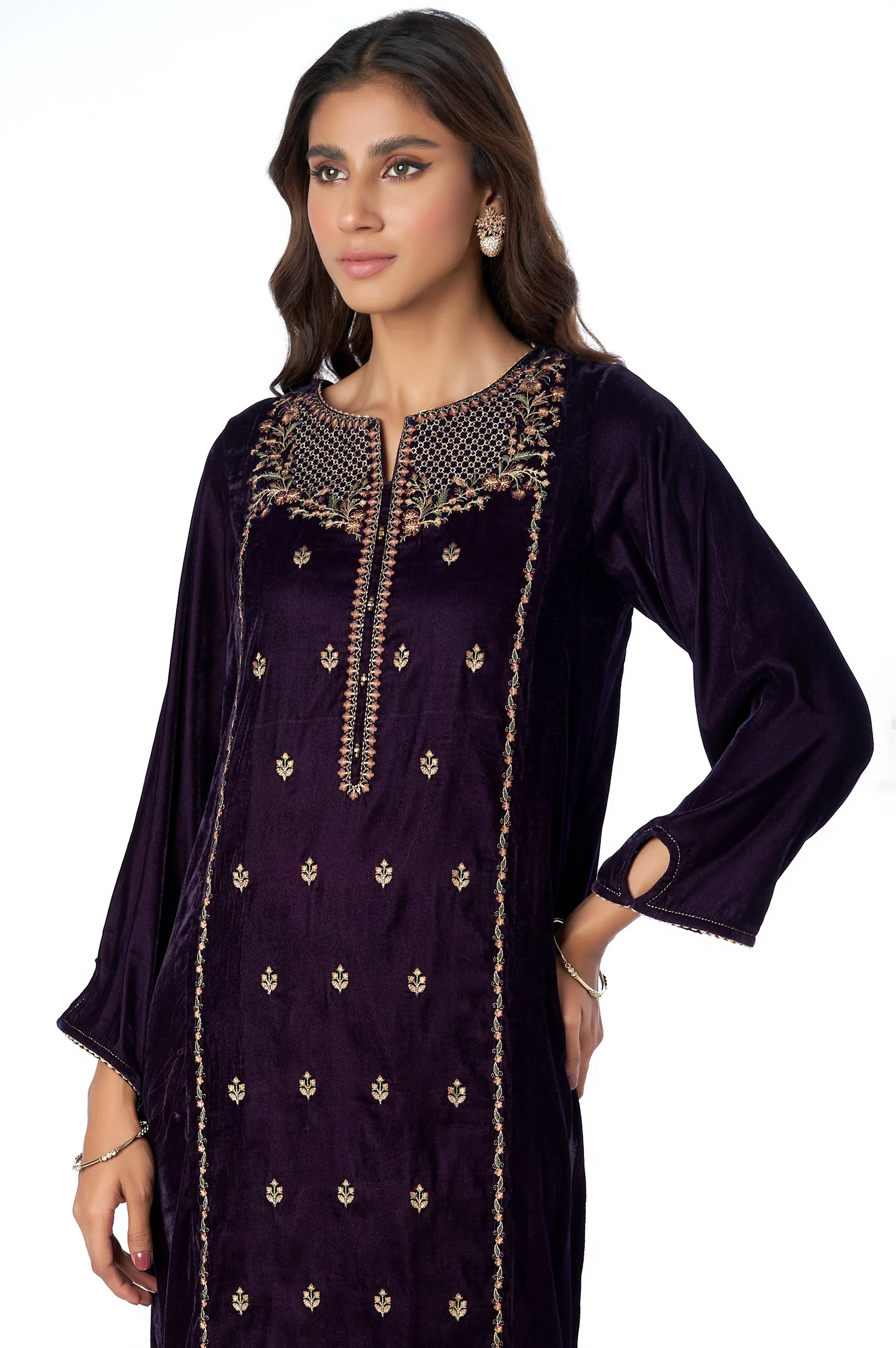 Stitched 1 Piece Velvet Embroidered Shirt - Image 2