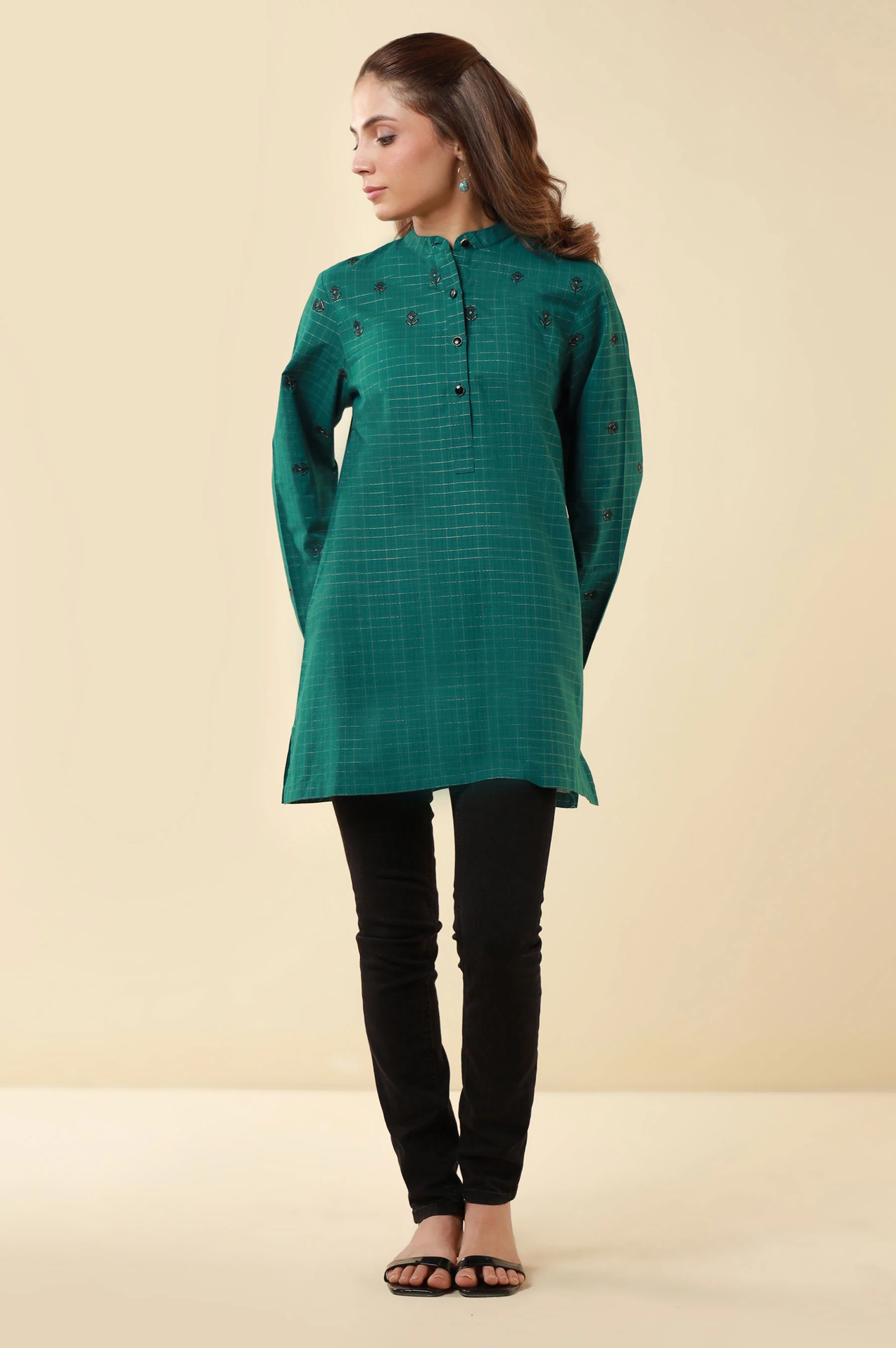 Zeen Yarn Dyed Western Top - Teal Green - Image 3