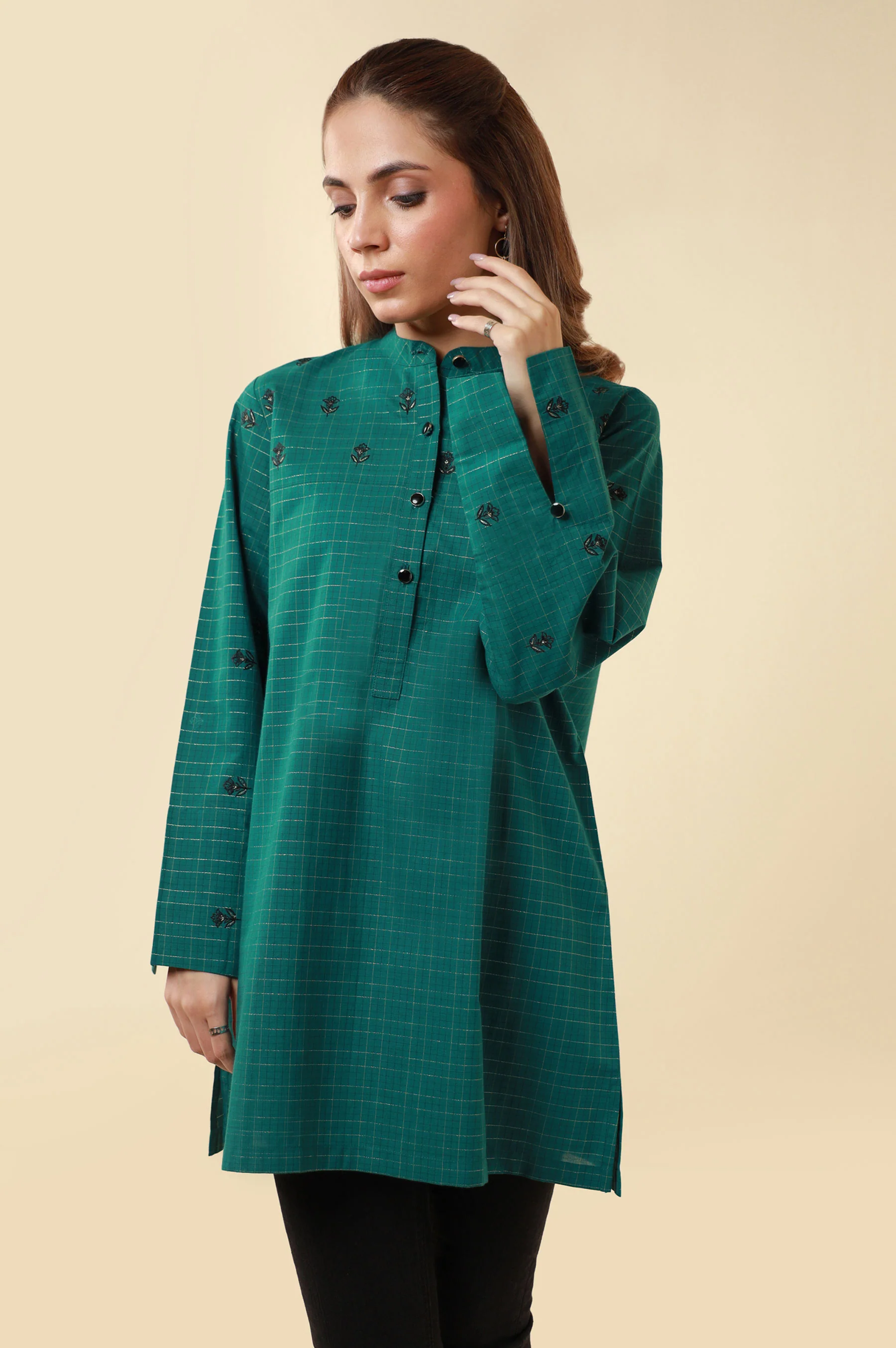 Zeen Yarn Dyed Western Top - Teal Green - Image 4