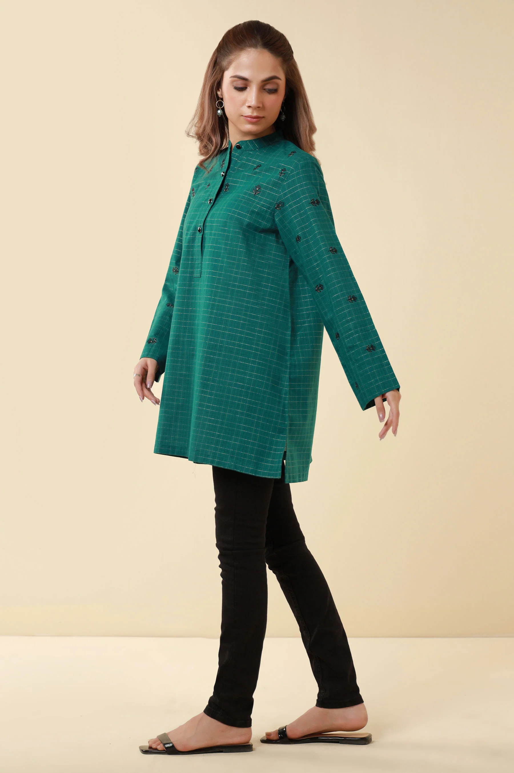 Zeen Yarn Dyed Western Top - Teal Green - Image 5