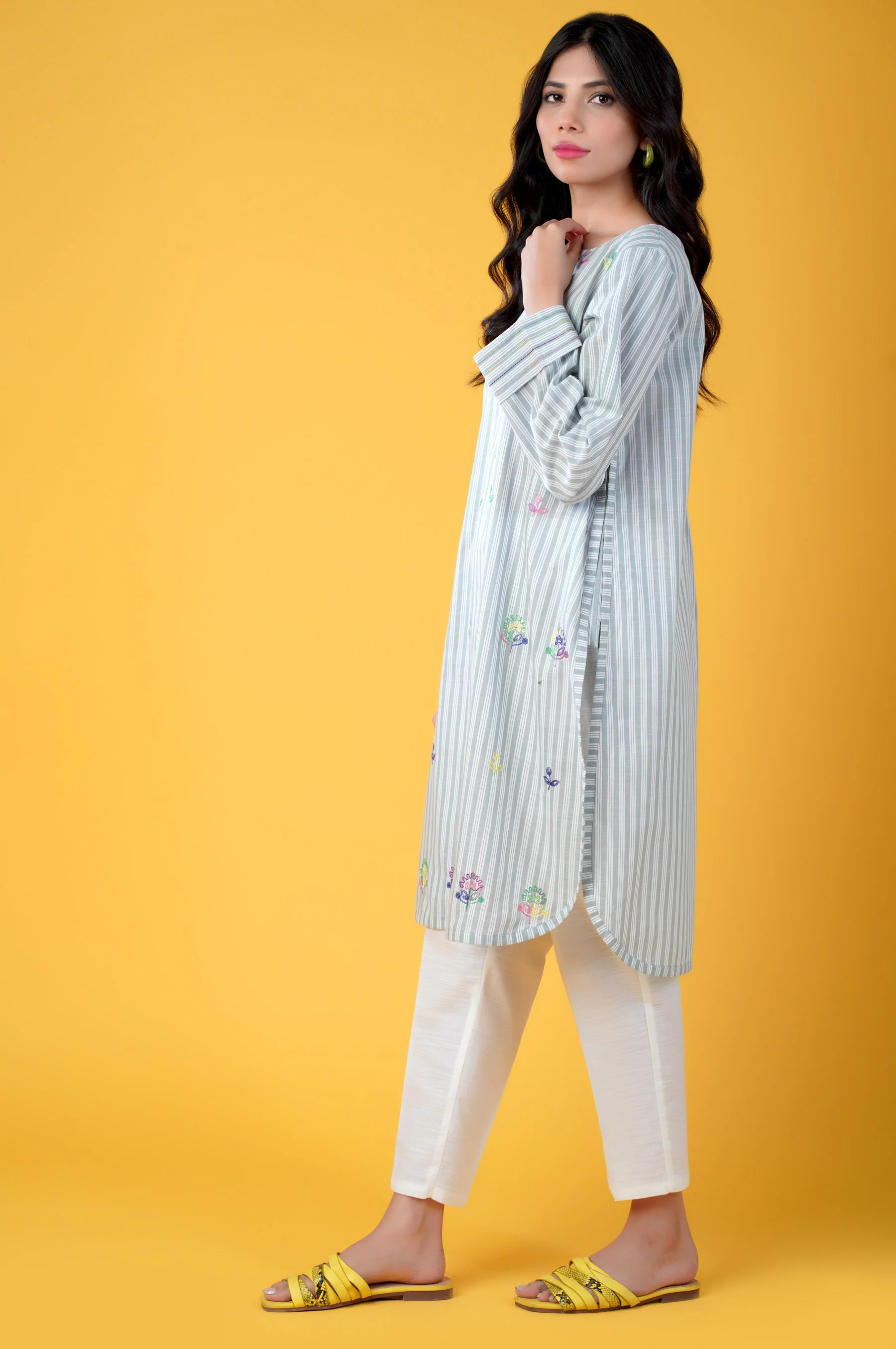 Stitched 1 Piece Embroidered Yarn Dyed Shirt - Image 3