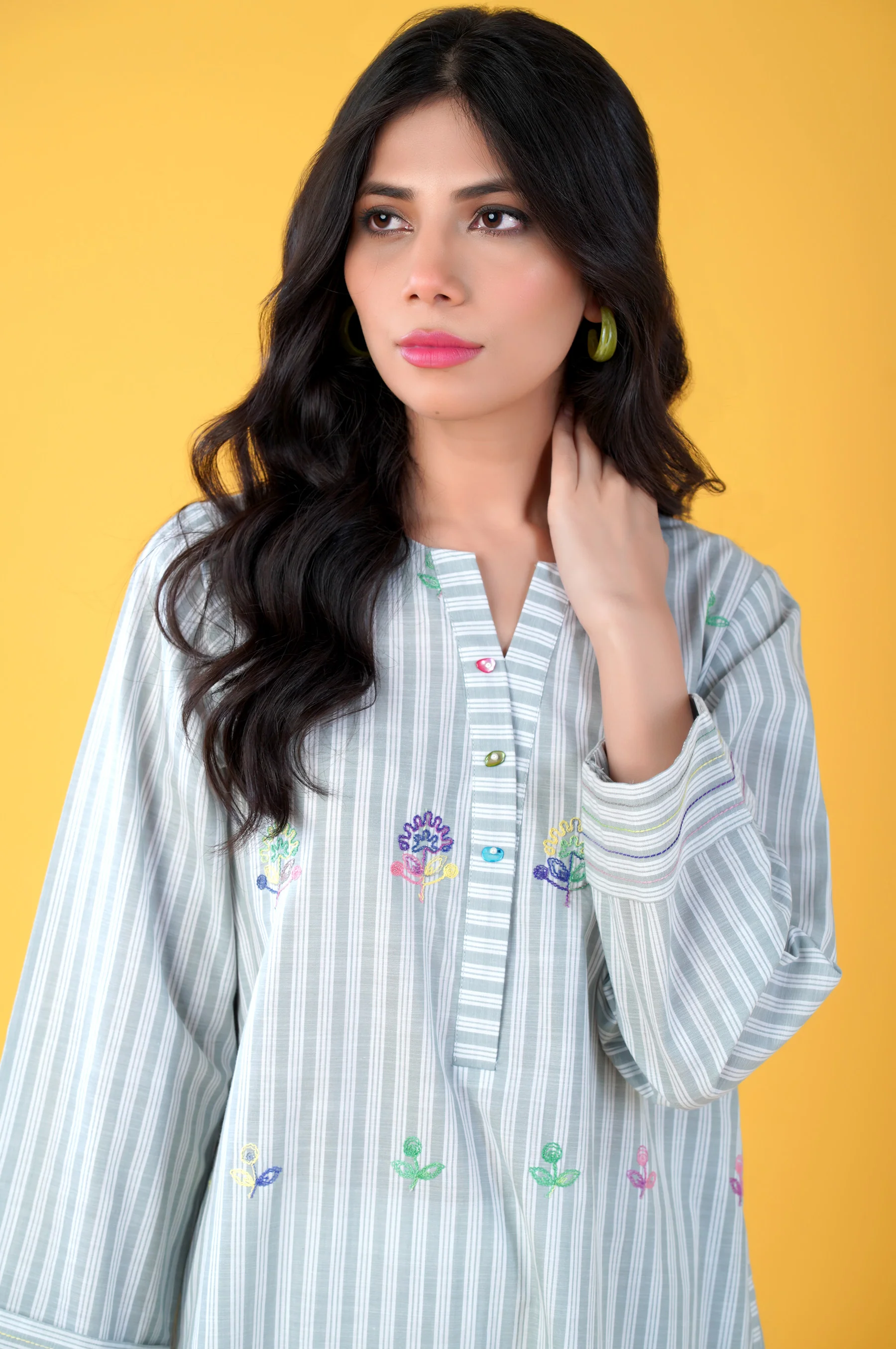 Stitched 1 Piece Embroidered Yarn Dyed Shirt - Image 4